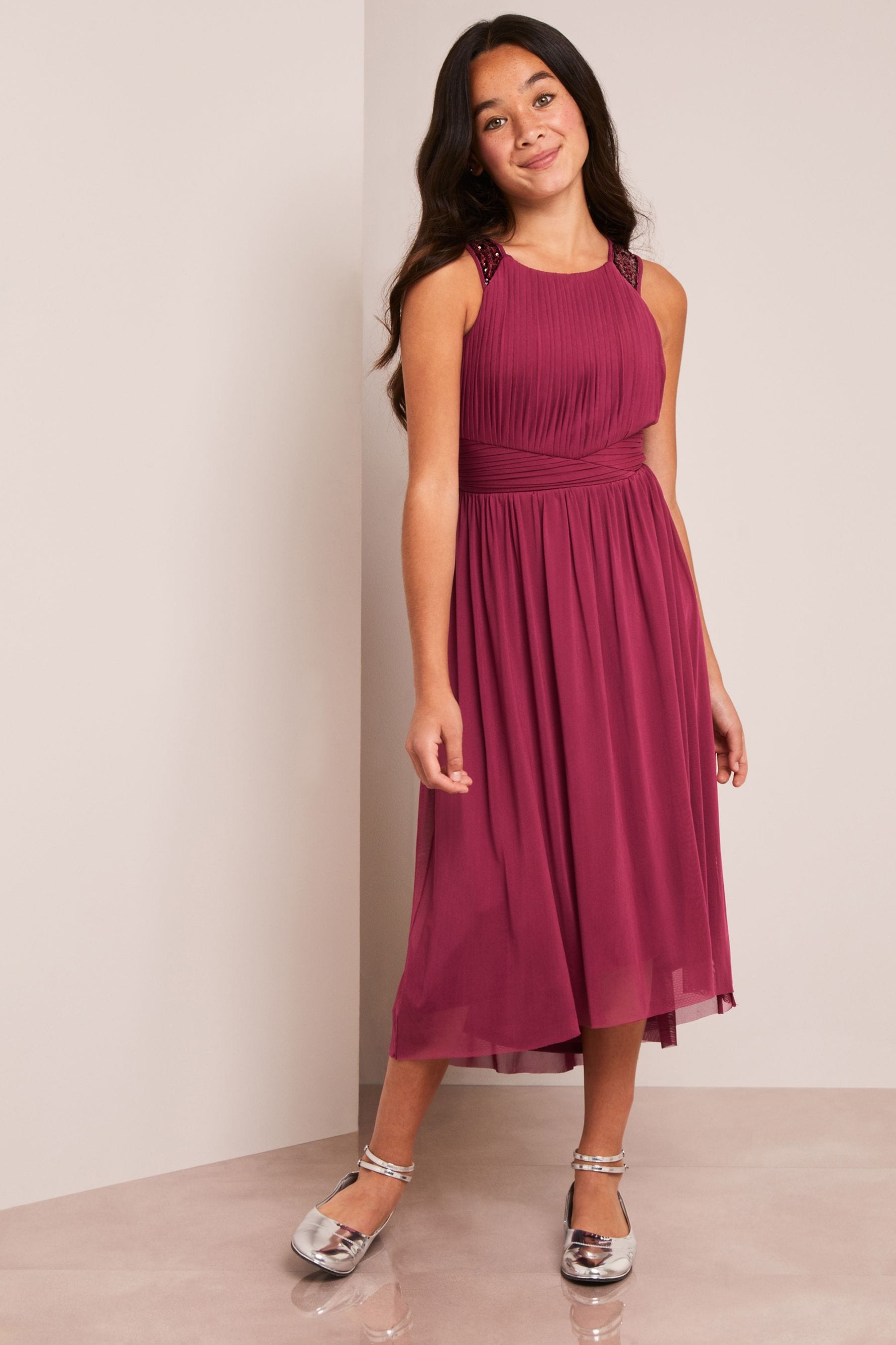 Burgundy Red Embellished Strap Midi Occasion Dress