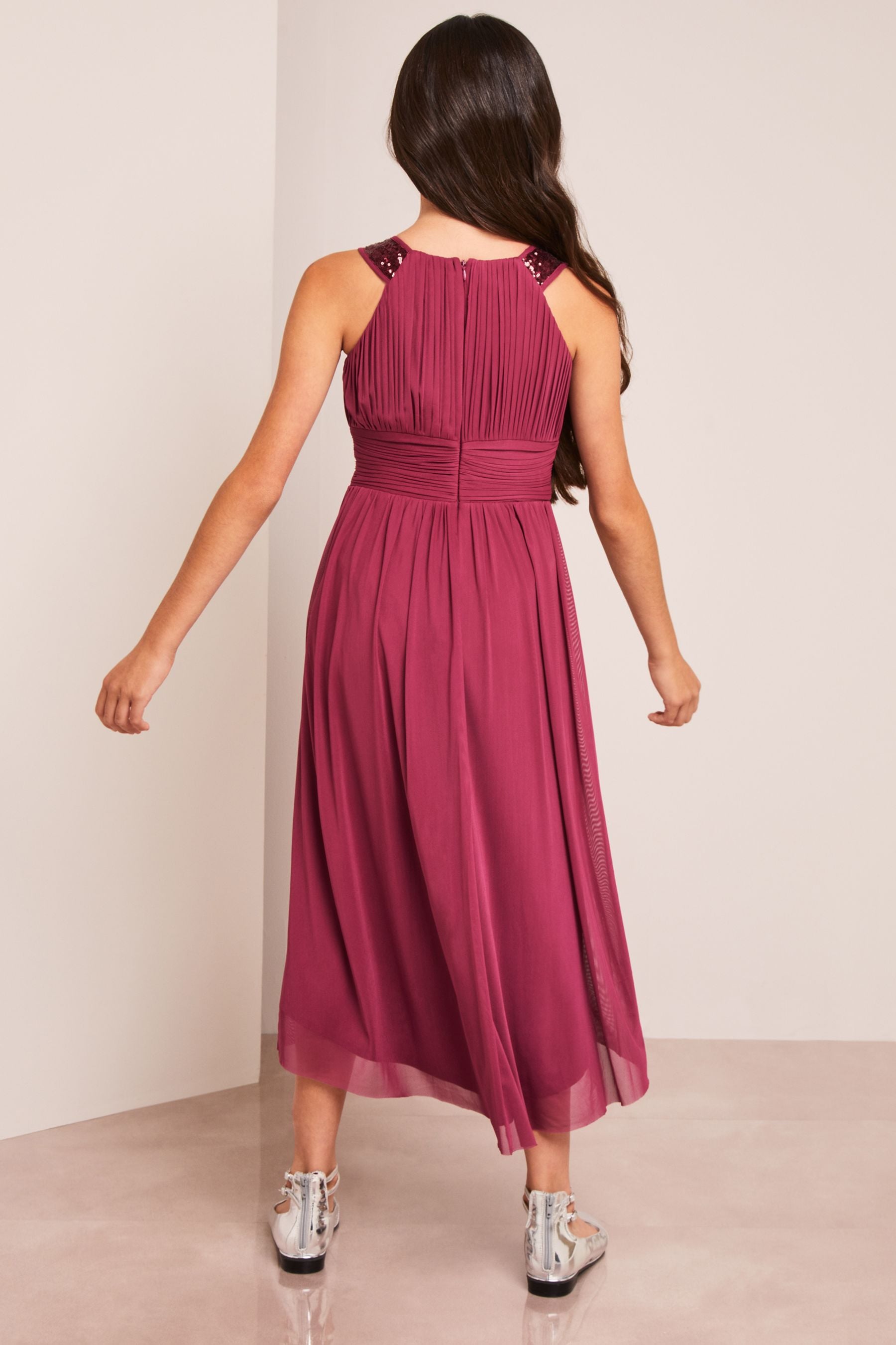 Burgundy Red Embellished Strap Midi Occasion Dress