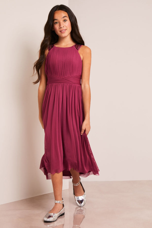 Burgundy Red Embellished Strap Midi Occasion Dress