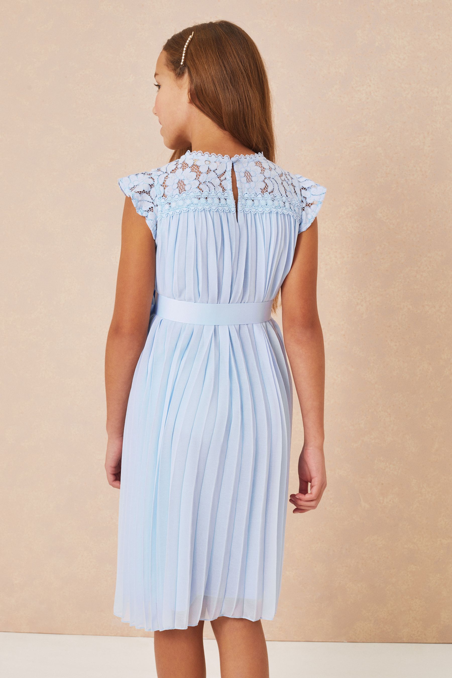 Blue Lace Yolk Pleated Occasion Dress