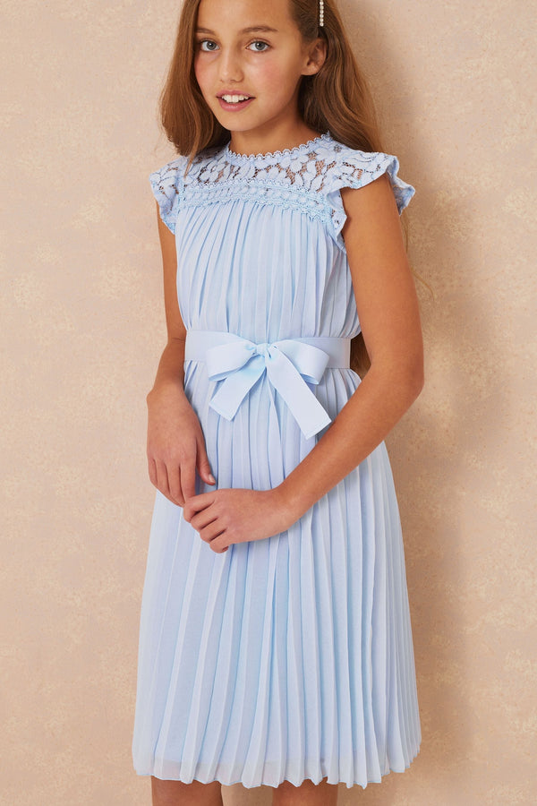 Blue Lace Yolk Pleated Occasion Dress