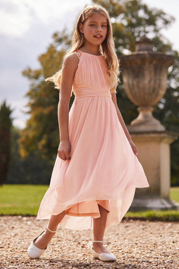 Pink Embellished Strap Midi Occasion Dress