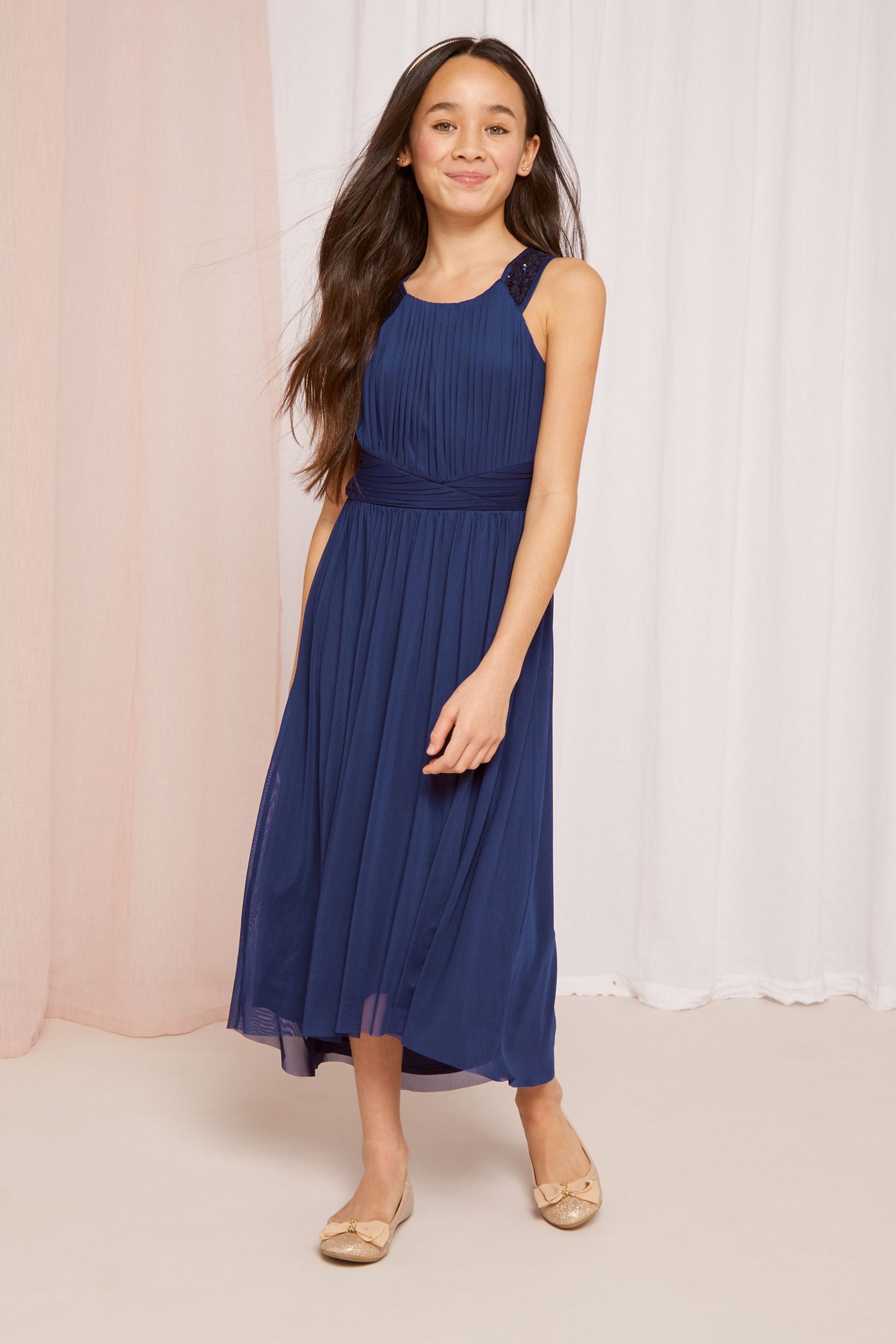 Navy Embellished Strap Midi Occasion Dress