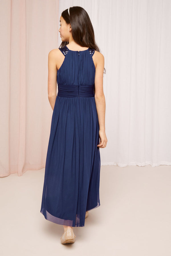 Navy Embellished Strap Midi Occasion Dress