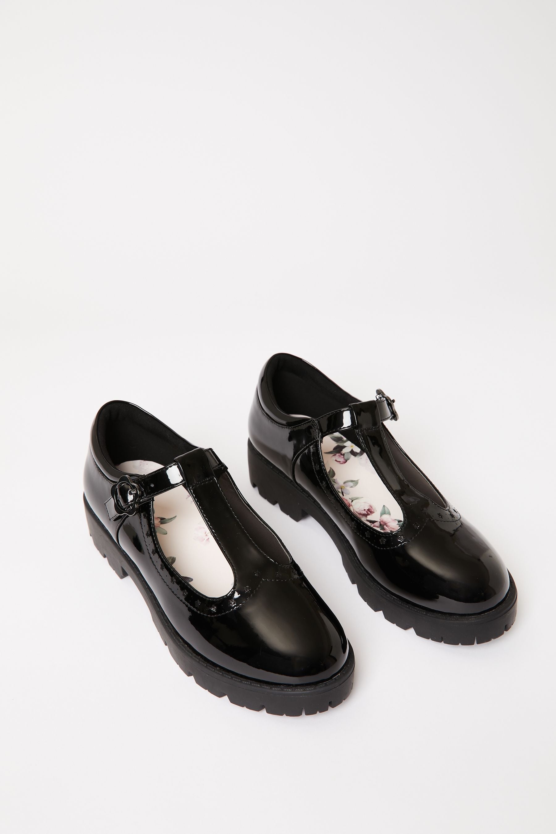 Black Patent Flower Mary Jane Flat School Shoe