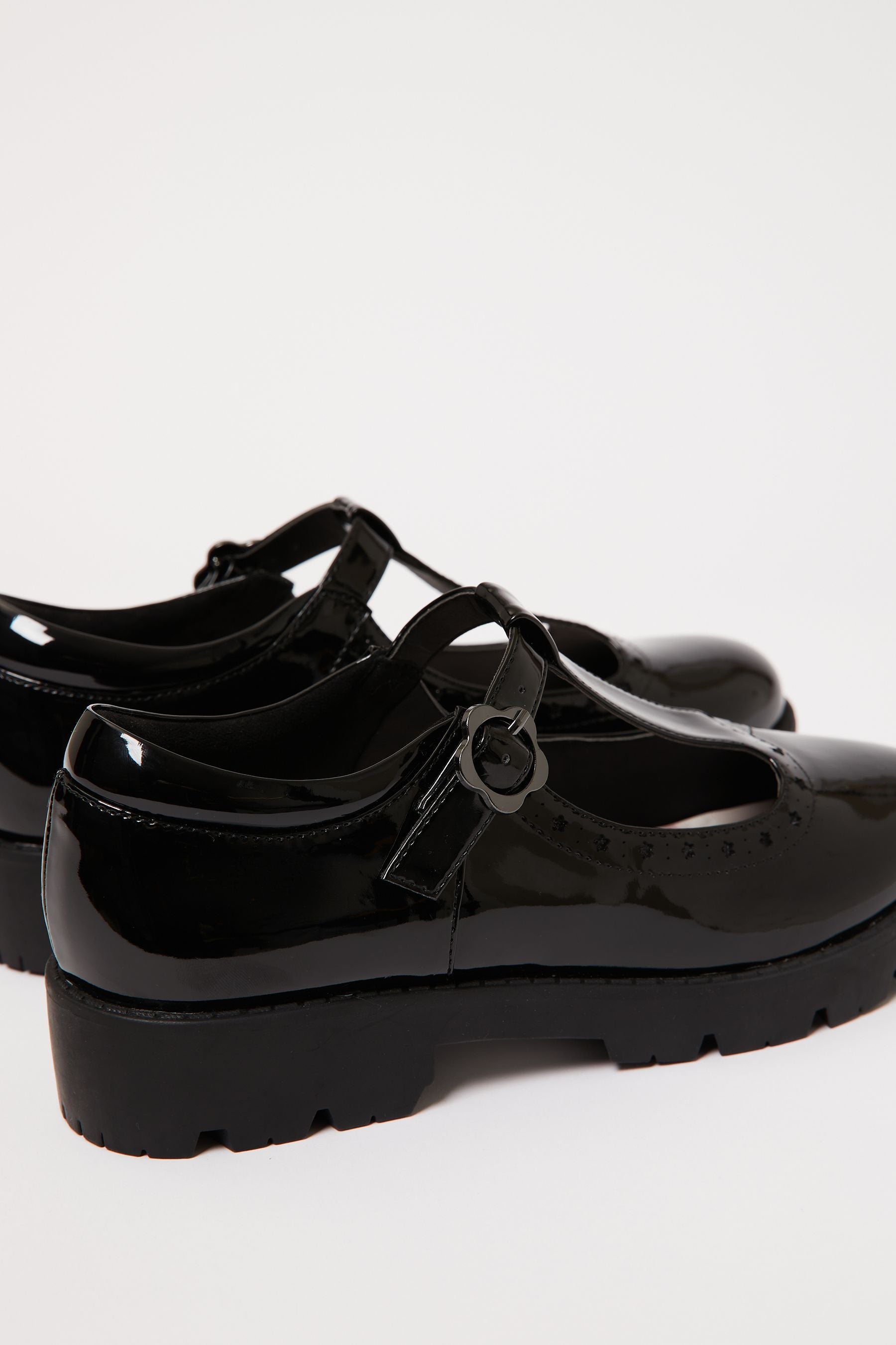 Black Patent Flower Mary Jane Flat School Shoe