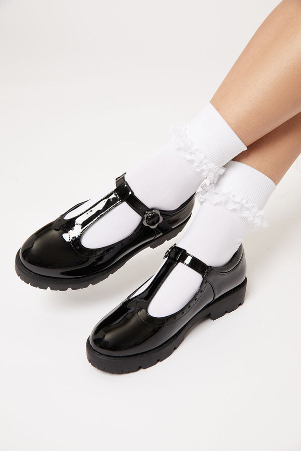 Black Patent Flower Mary Jane Flat School Shoe