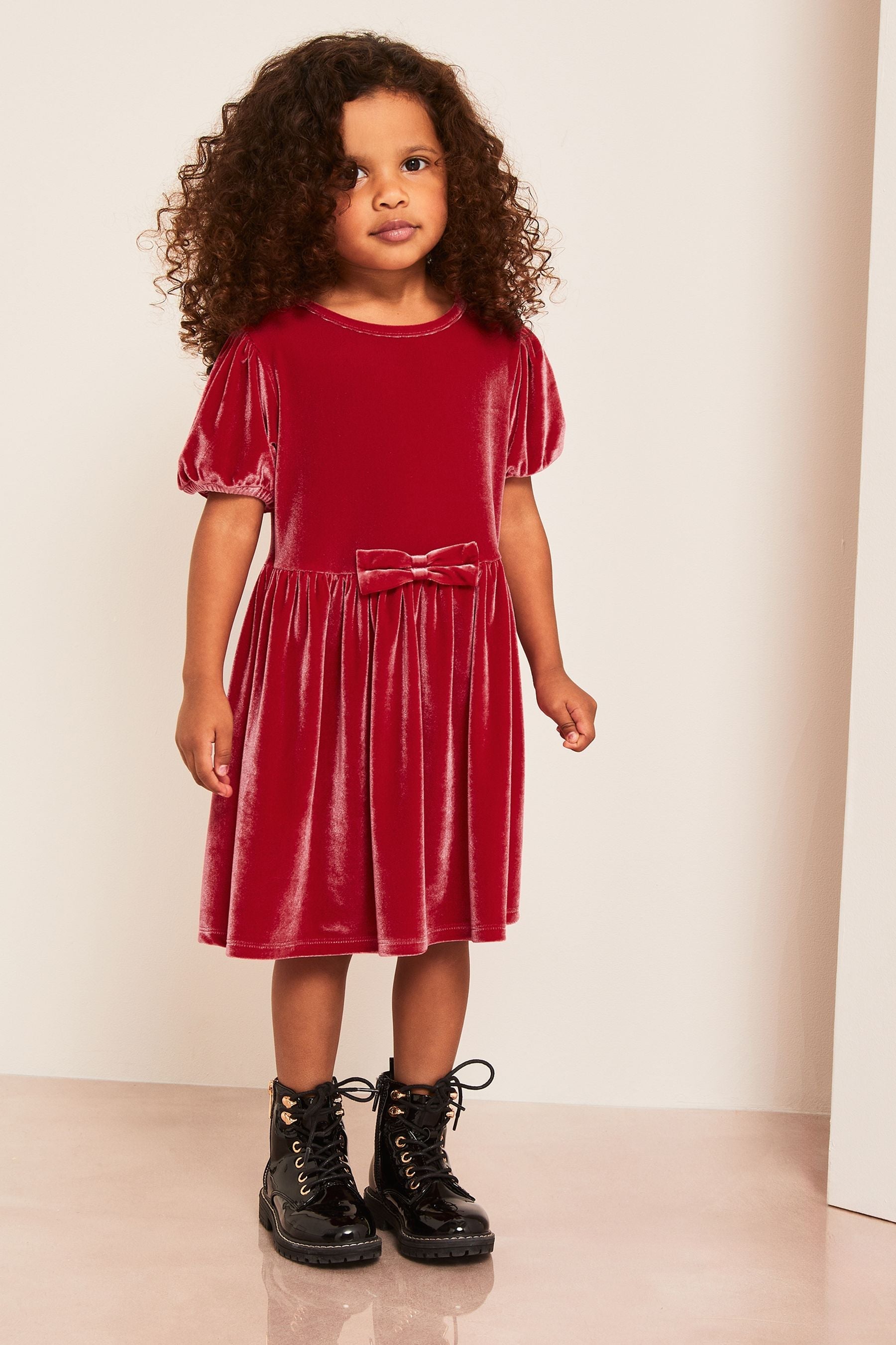 Red Puff Sleeve Velvet Dress (0-6yrs)