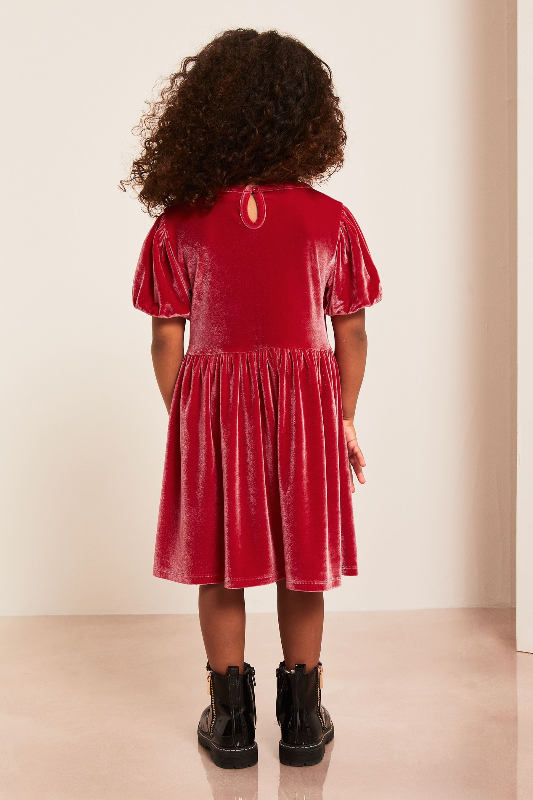 Red Puff Sleeve Velvet Dress (0-6yrs)