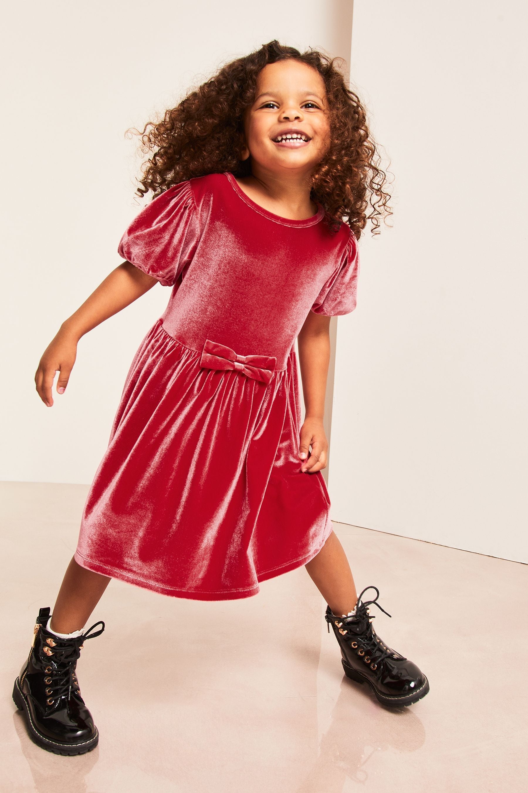 Red Puff Sleeve Velvet Dress (0-6yrs)