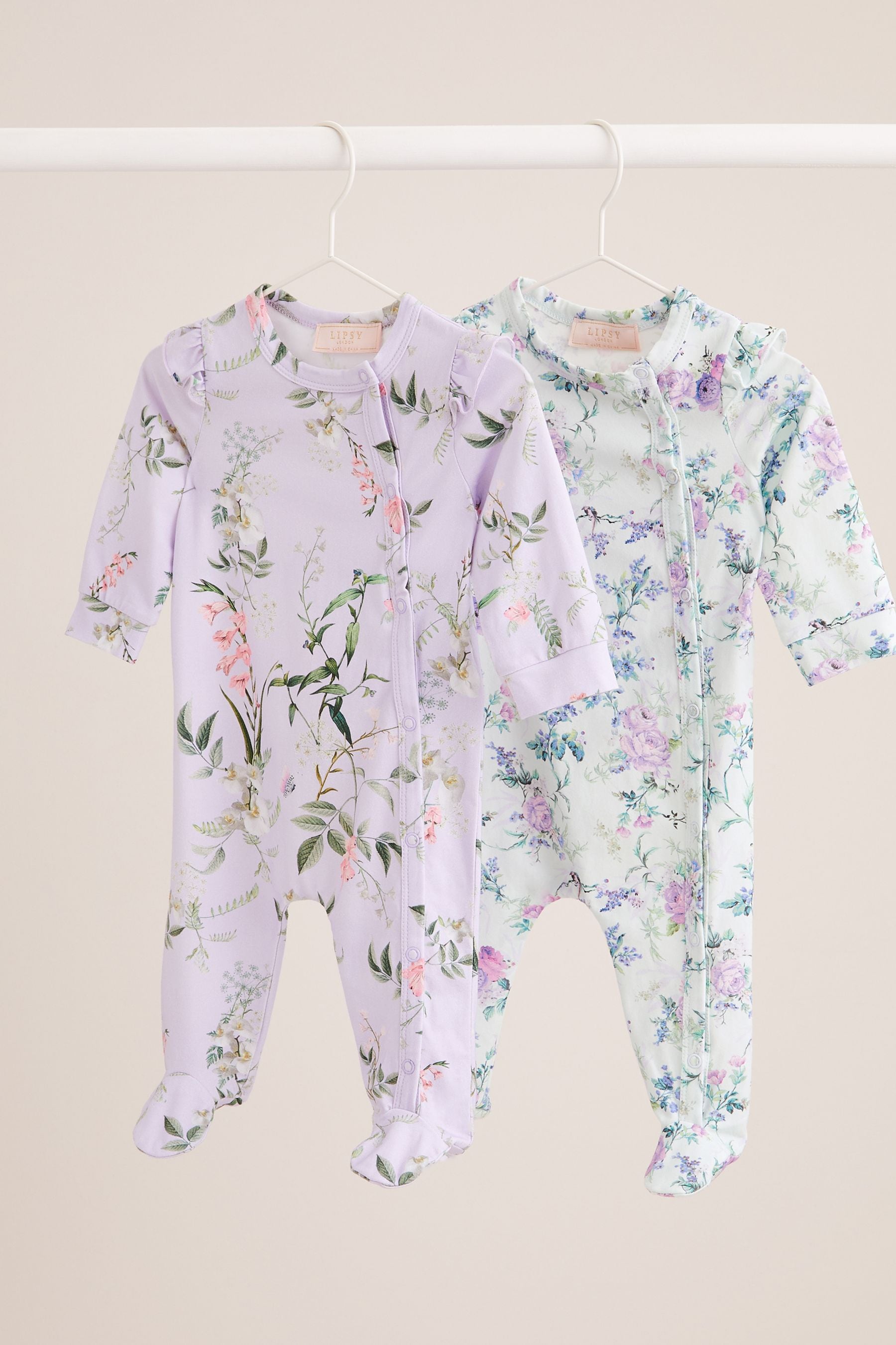 Lipsy Purple Blue Baby 2 Pack Floral Sleepsuit