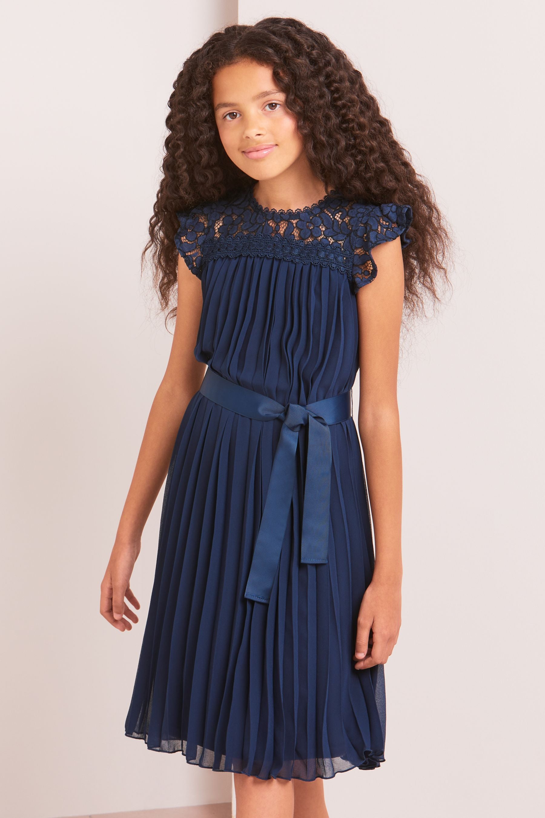 Lipsy Navy Blue Lace Yolk Pleated Occasion Dress