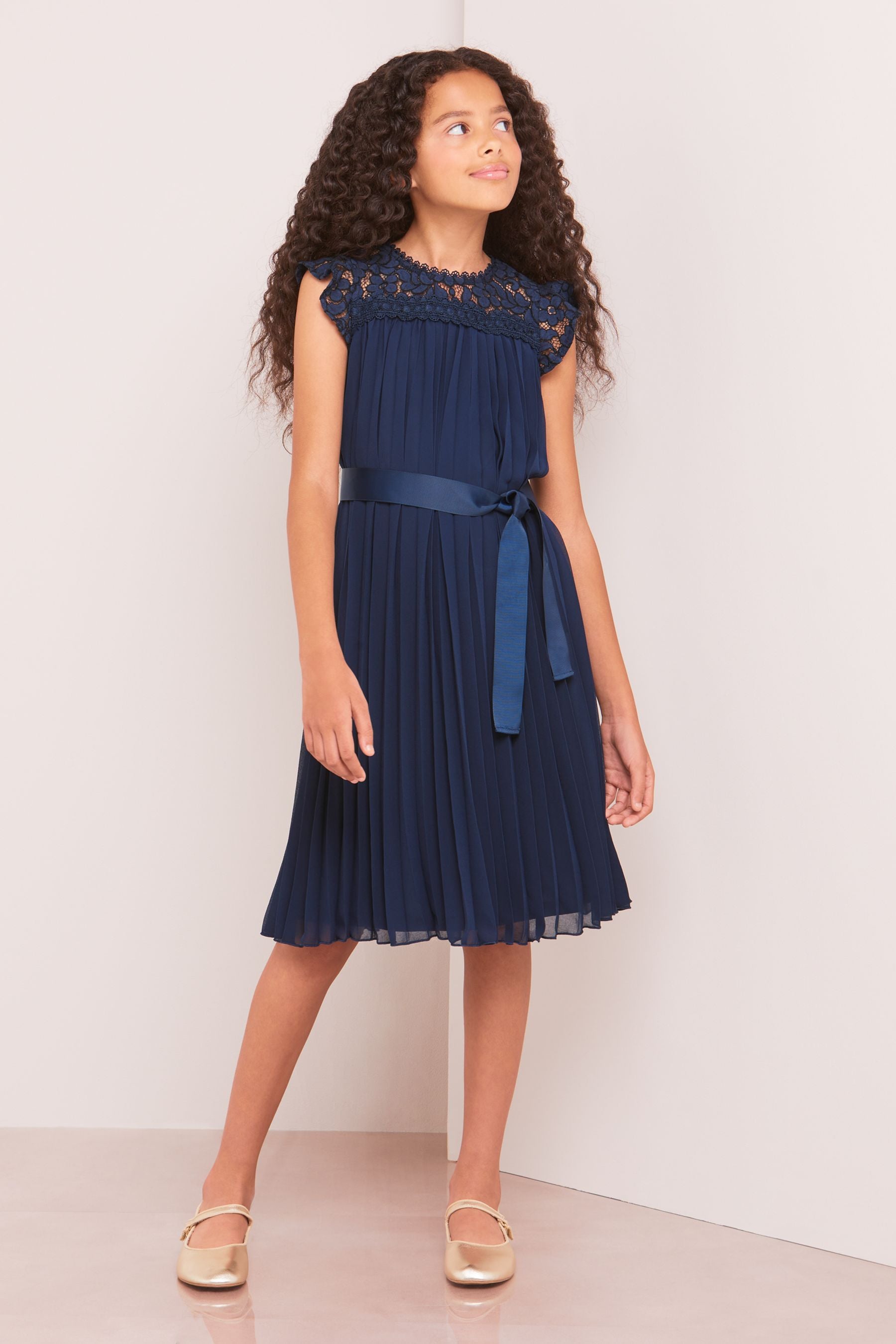 Lipsy Navy Blue Lace Yolk Pleated Occasion Dress