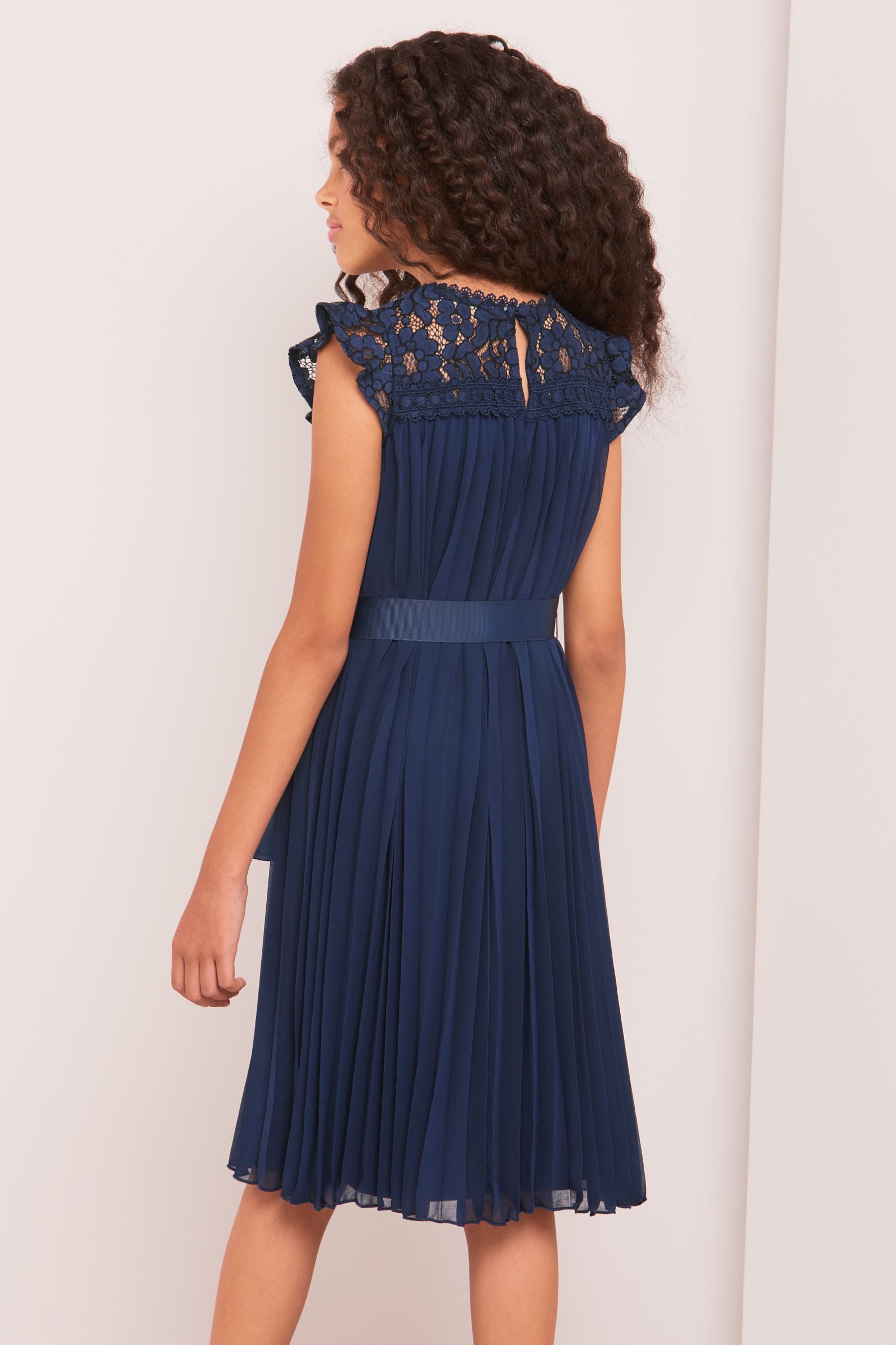 Lipsy Navy Blue Lace Yolk Pleated Occasion Dress