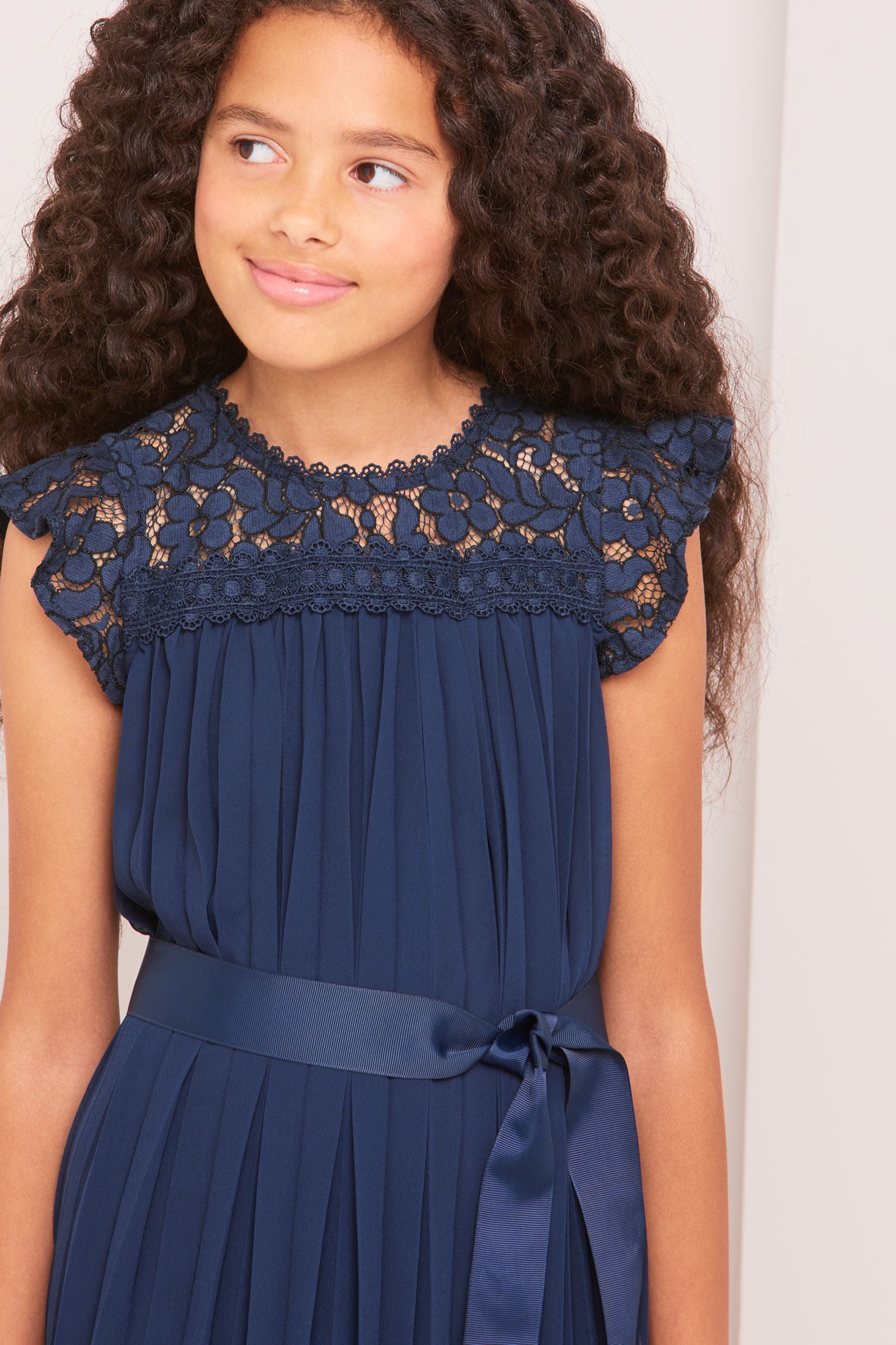 Lipsy Navy Blue Lace Yolk Pleated Occasion Dress