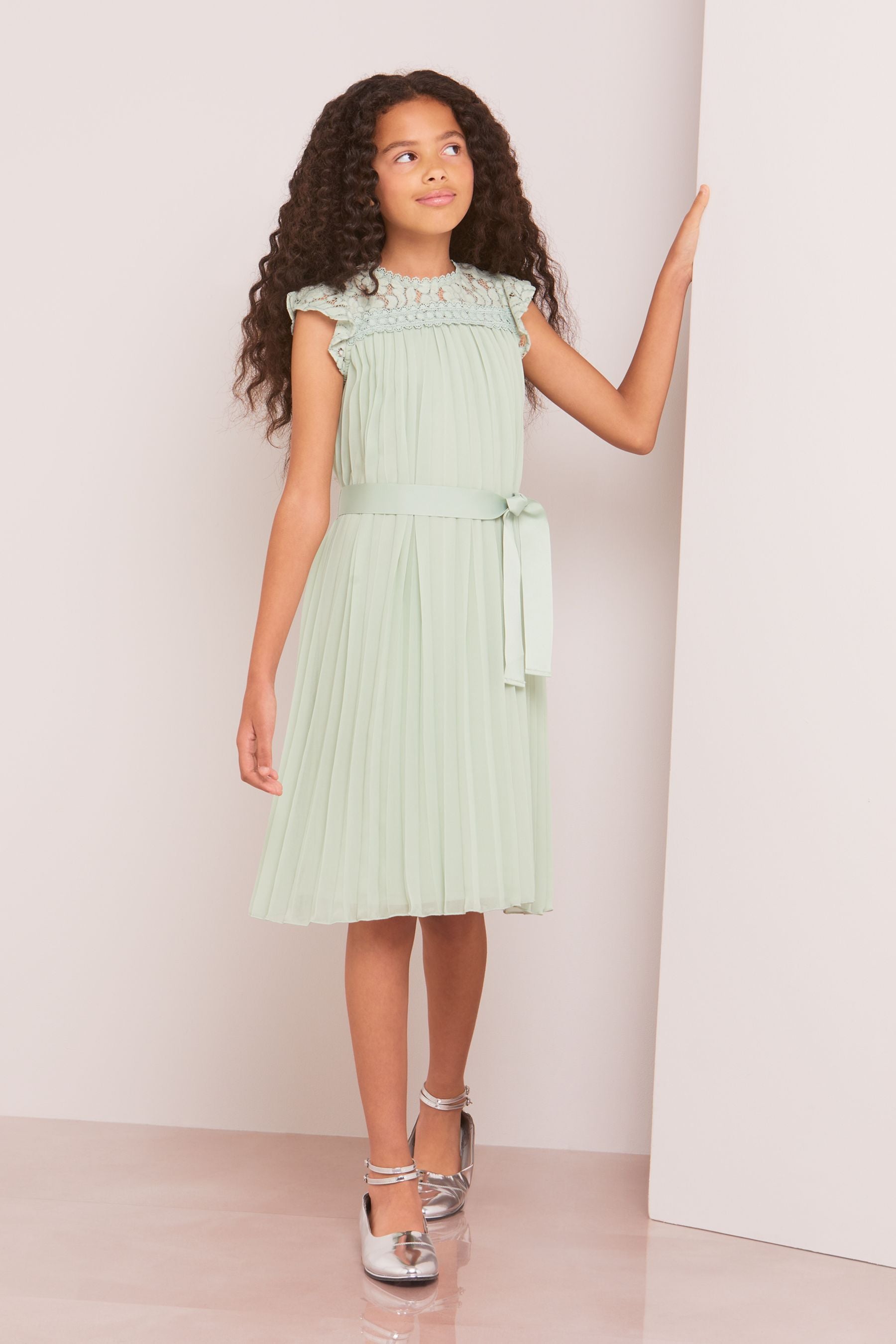 Sage Green Lace Yolk Pleated Occasion Dress