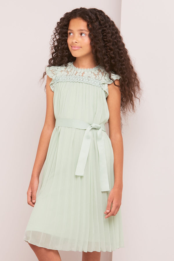 Sage Green Lace Yolk Pleated Occasion Dress