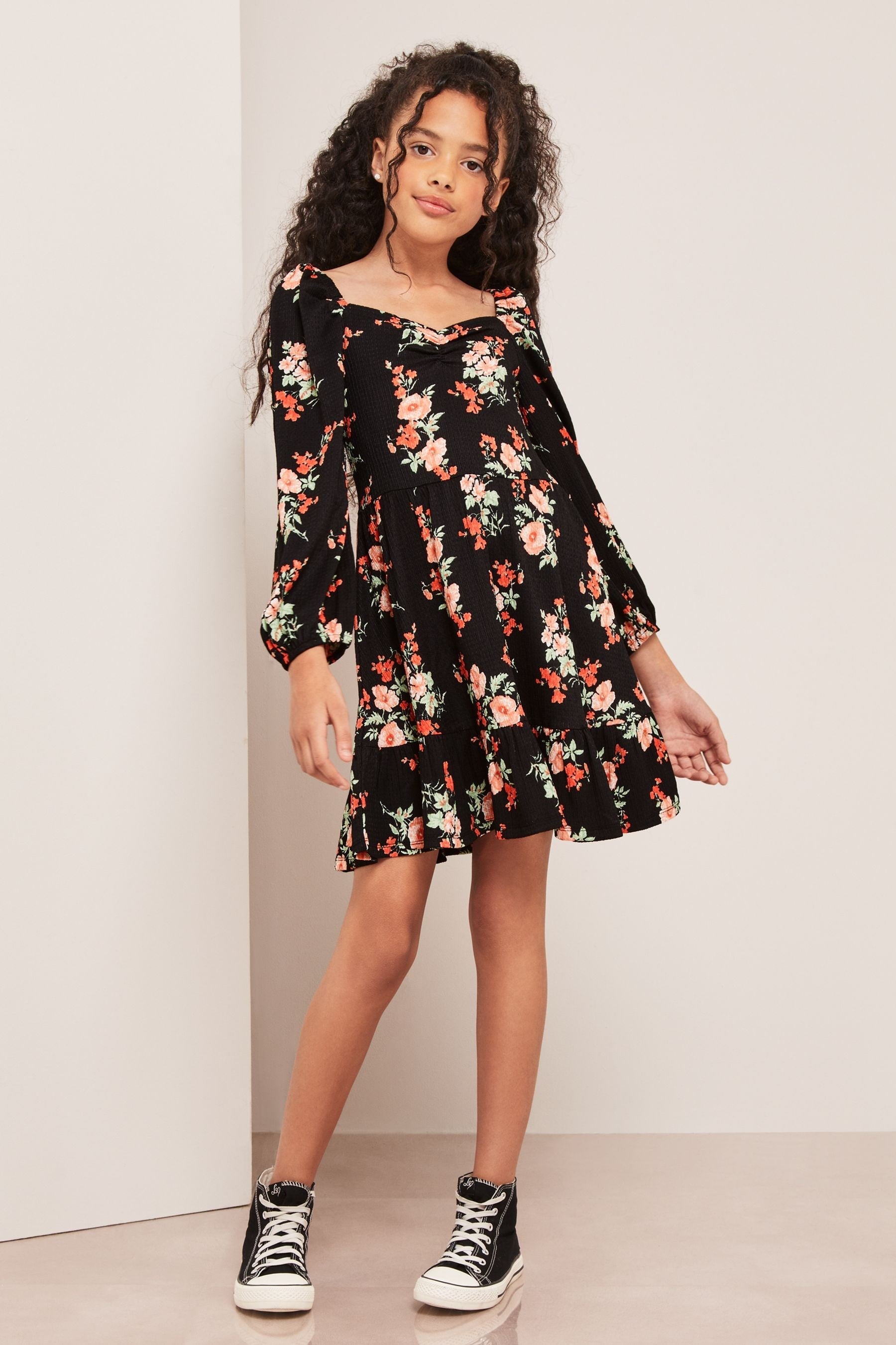 Black Floral Crinkle Jersey Square Neck Dress