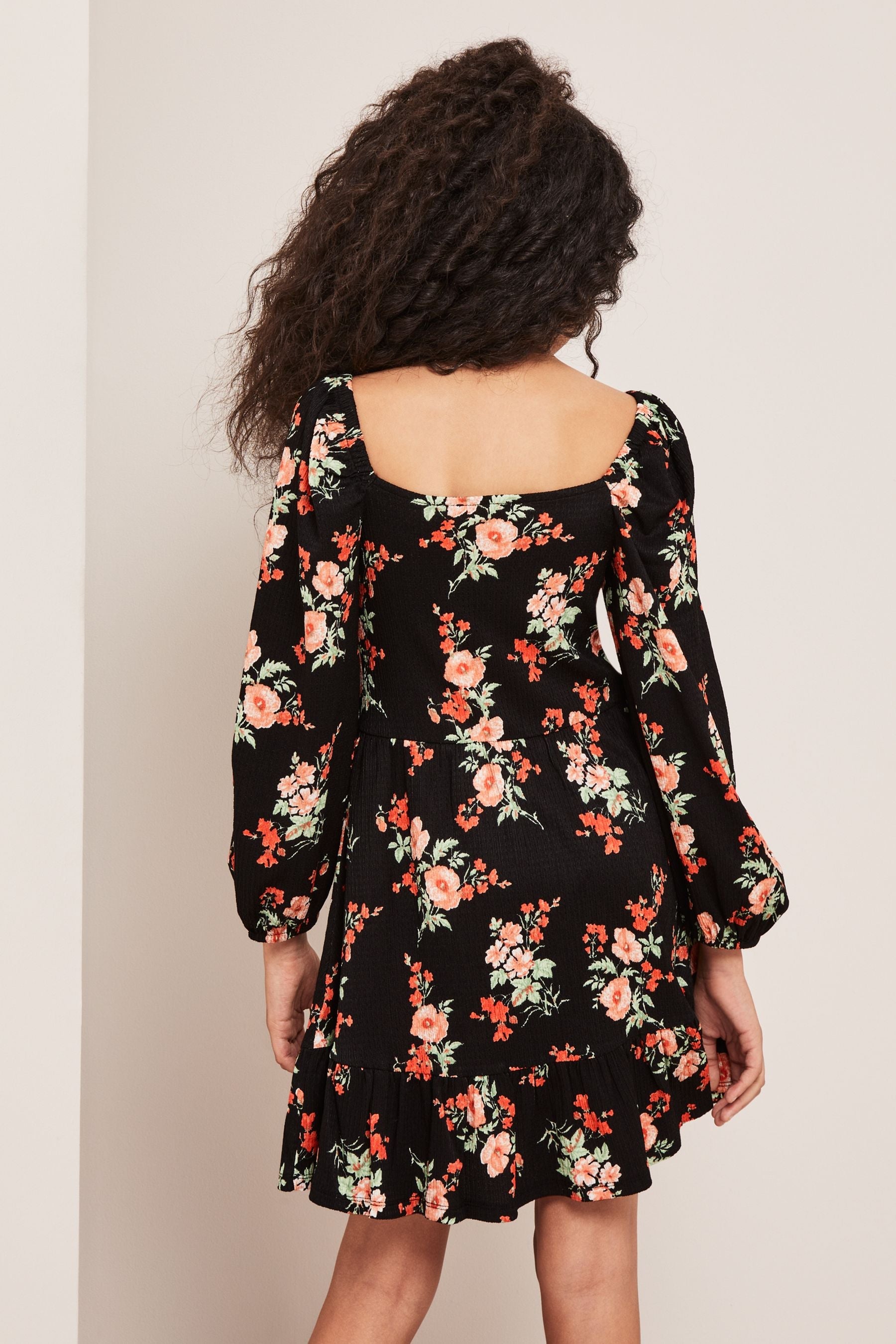 Black Floral Crinkle Jersey Square Neck Dress