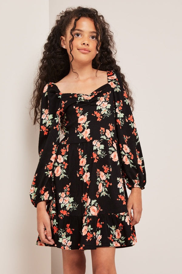 Black Floral Crinkle Jersey Square Neck Dress