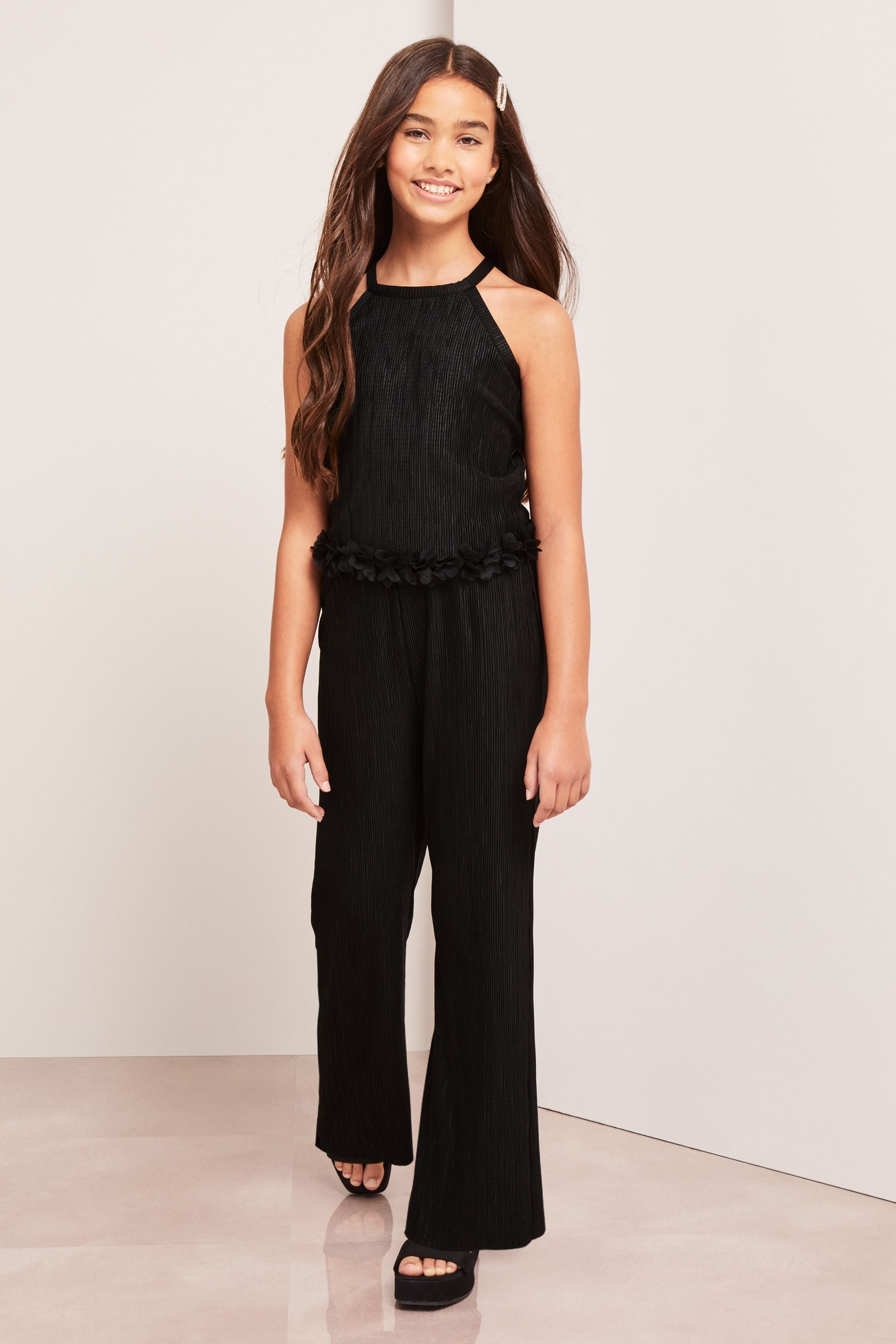 Black Plisse Top And Trousers Party Set