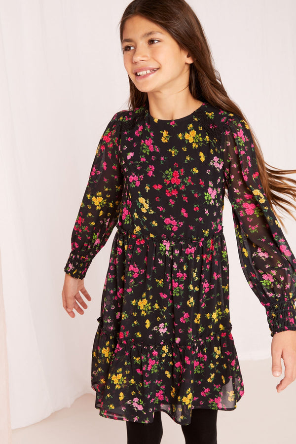 Black Floral Long Sleeve Chiffon Dress