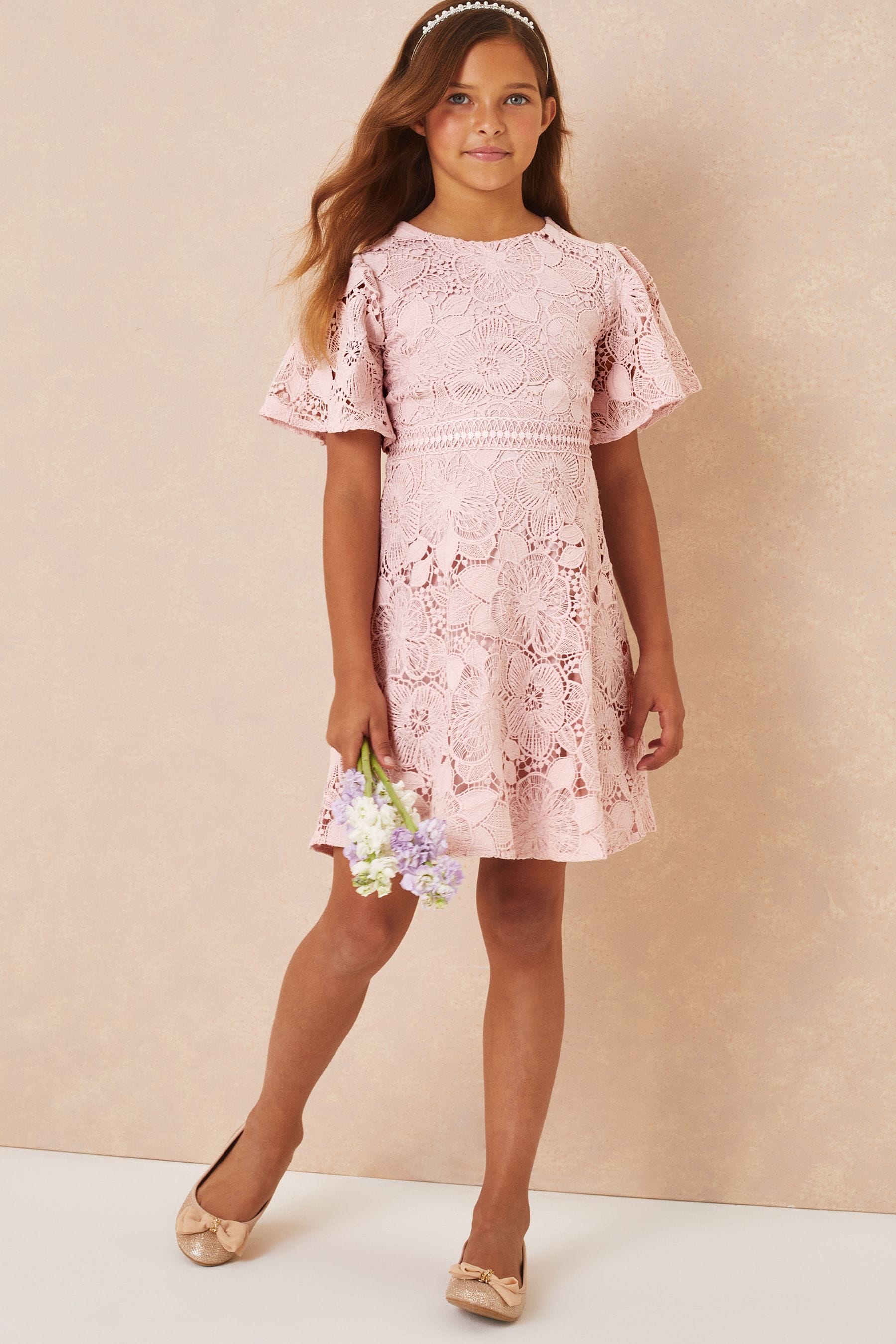 Pink Flutter Sleeve Lace Occasion Dress