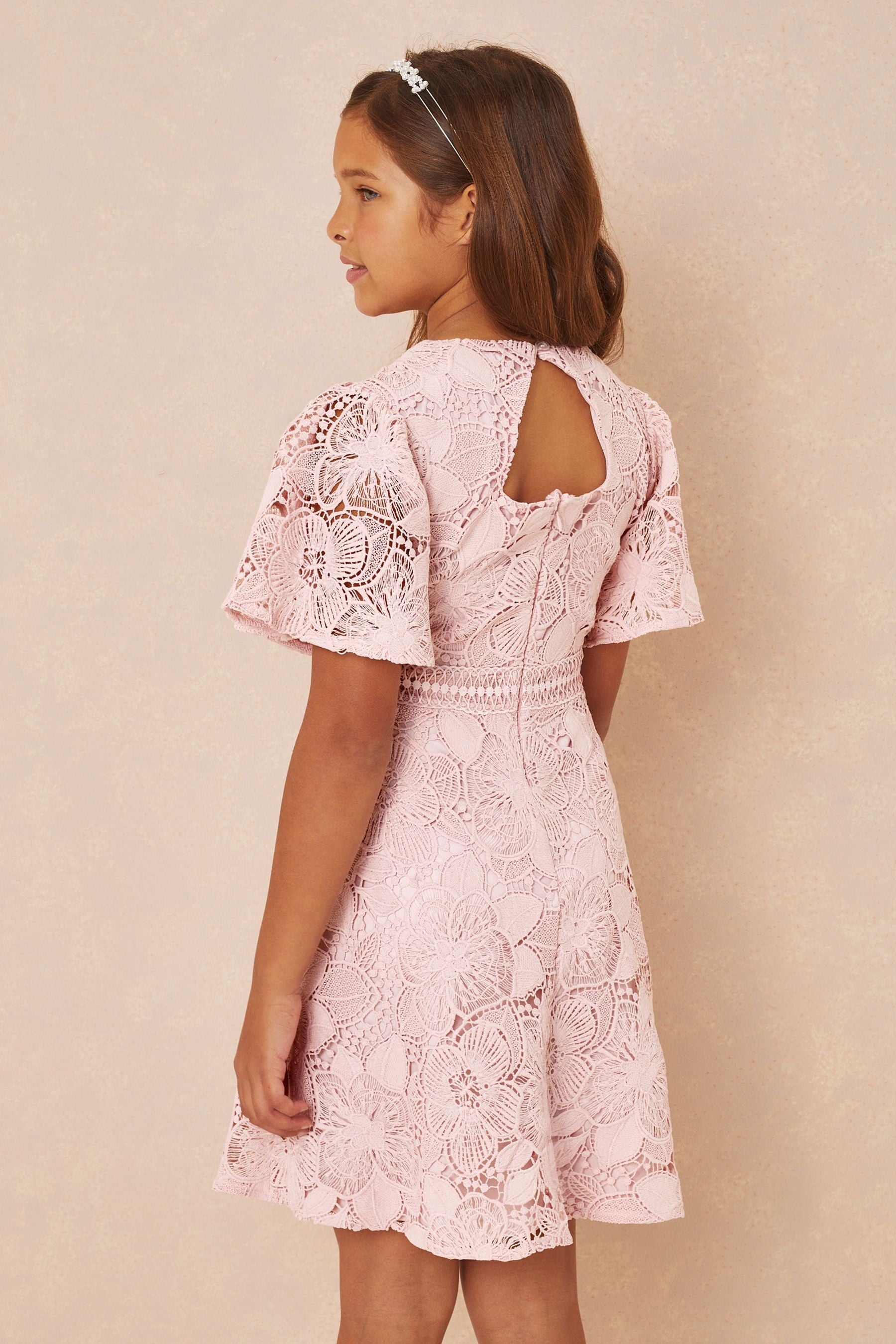 Pink Flutter Sleeve Lace Occasion Dress