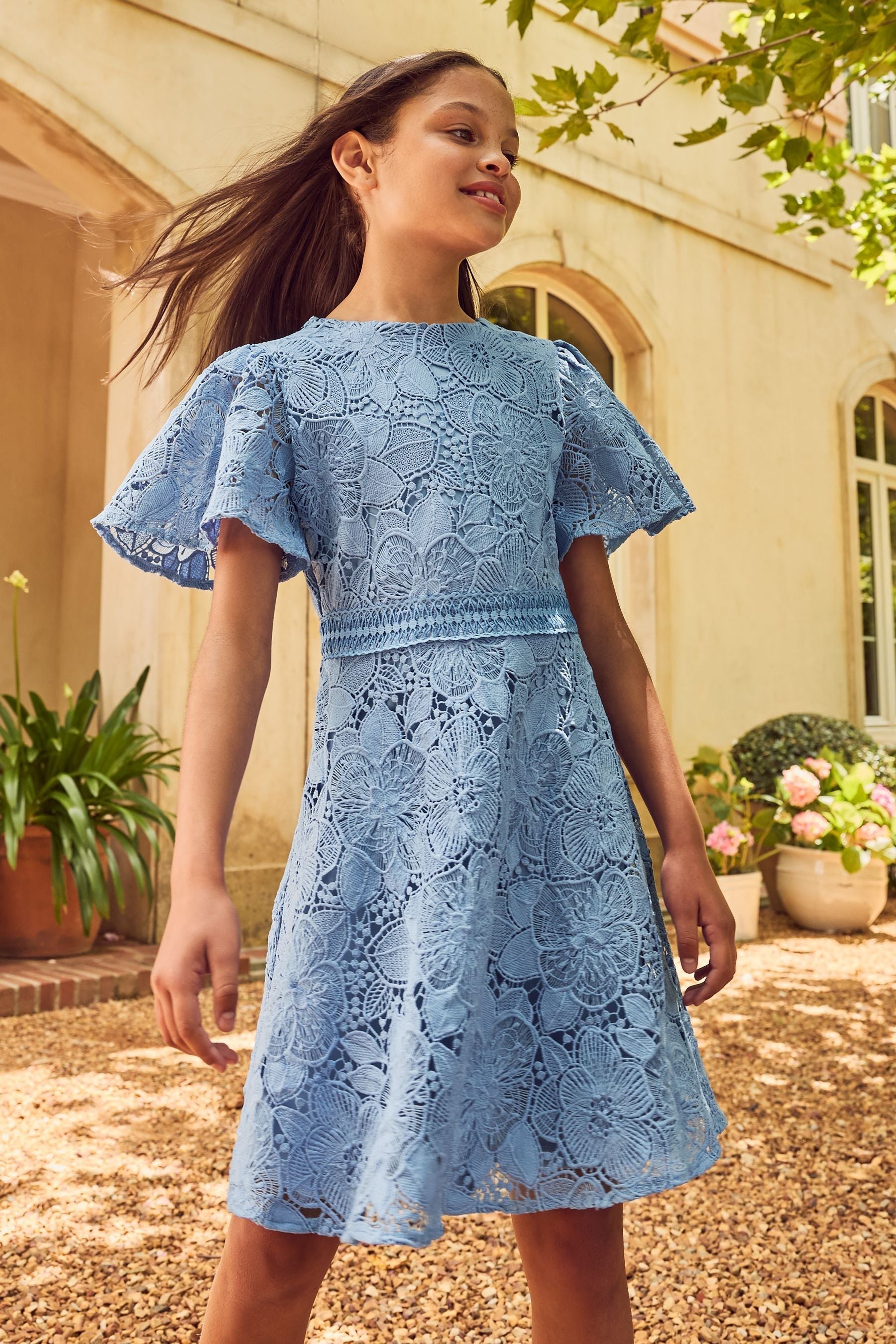 Blue Flutter Sleeve Lace Occasion Dress