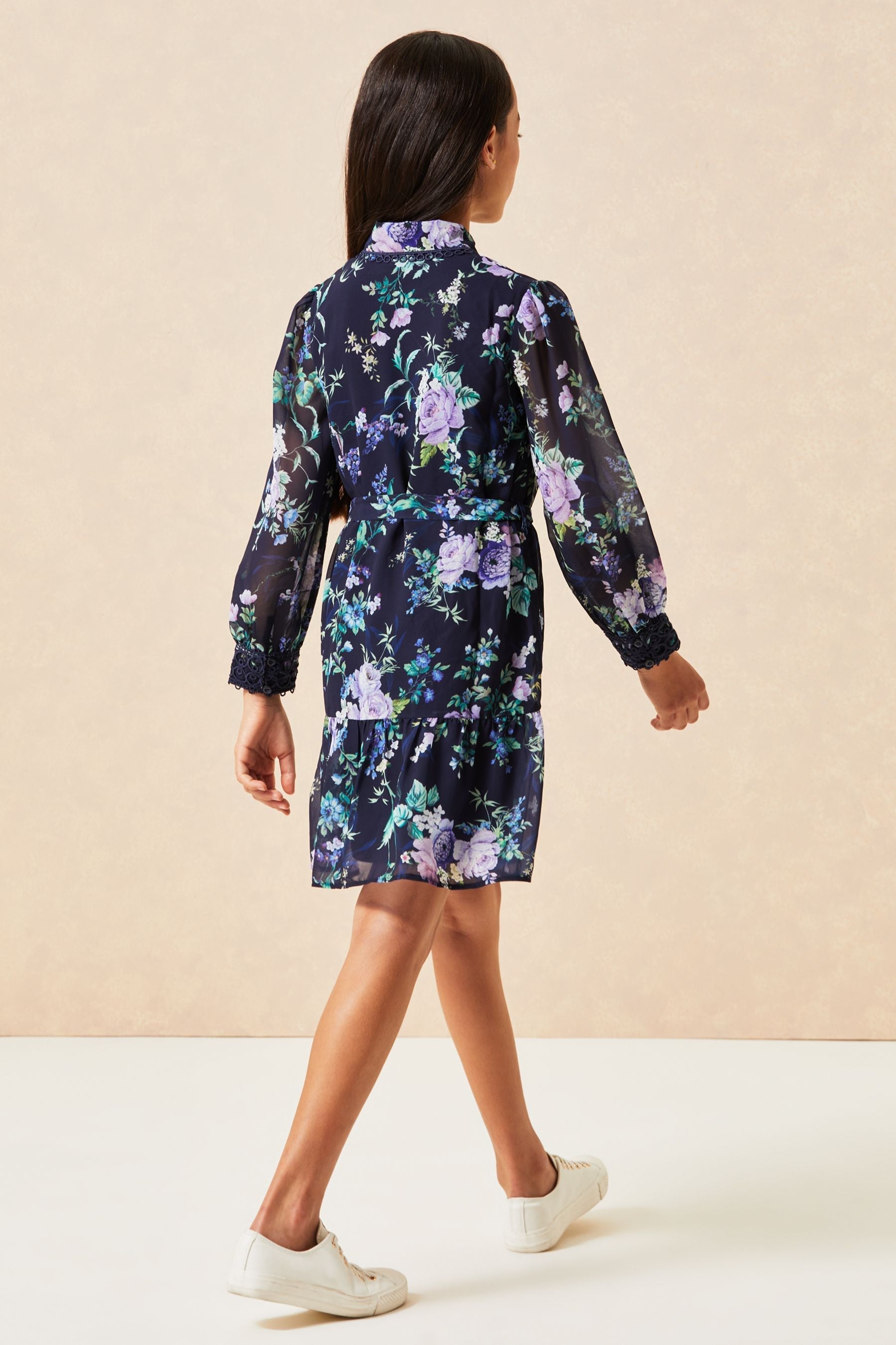 Navy Floral Belted Long Sleeve Shirt Dress