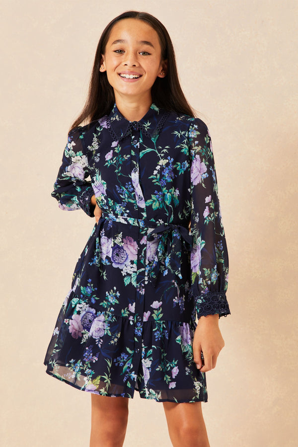 Navy Floral Belted Long Sleeve Shirt Dress