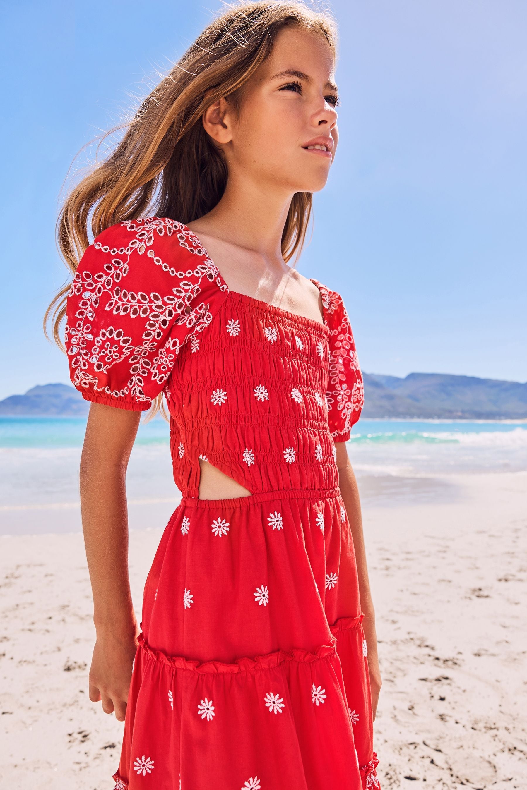 Red Broderie Cut Out Puff Sleeve Tiered Dress