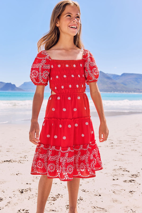 Red Broderie Cut Out Puff Sleeve Tiered Dress