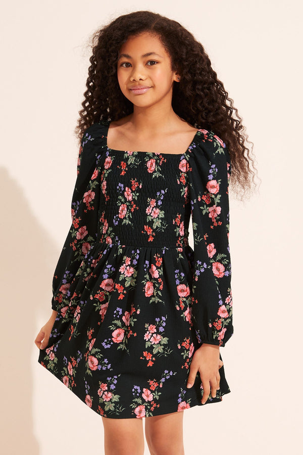 Black Floral Shirred Bodice Long Sleeve Dress