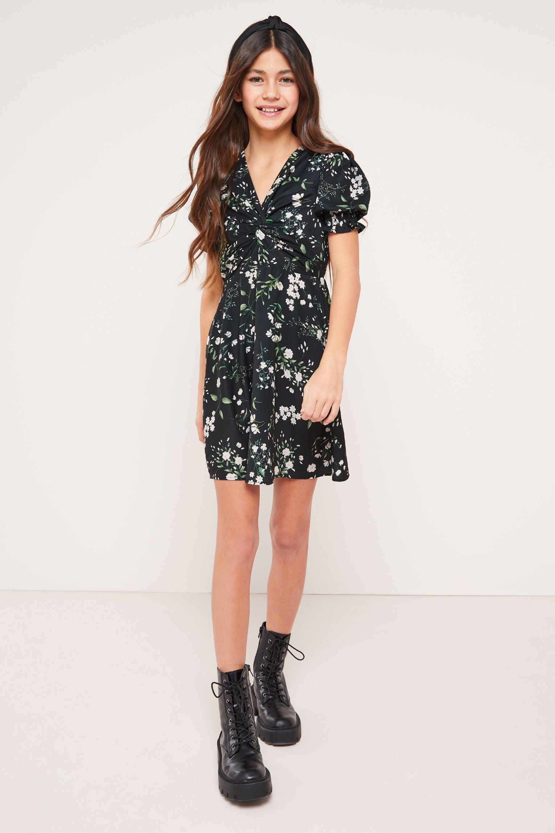 Lipsy Black Floral Knot Front Mini Dress