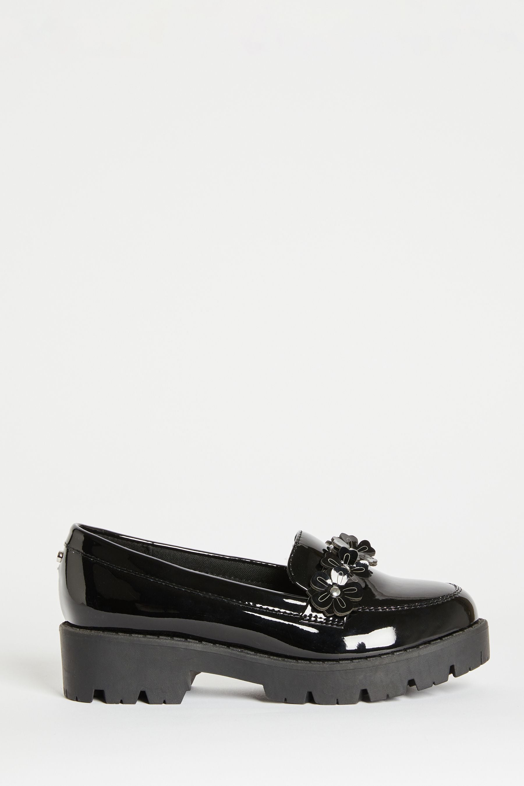 Black Lipsy Flower Slip On Loafer School Shoe