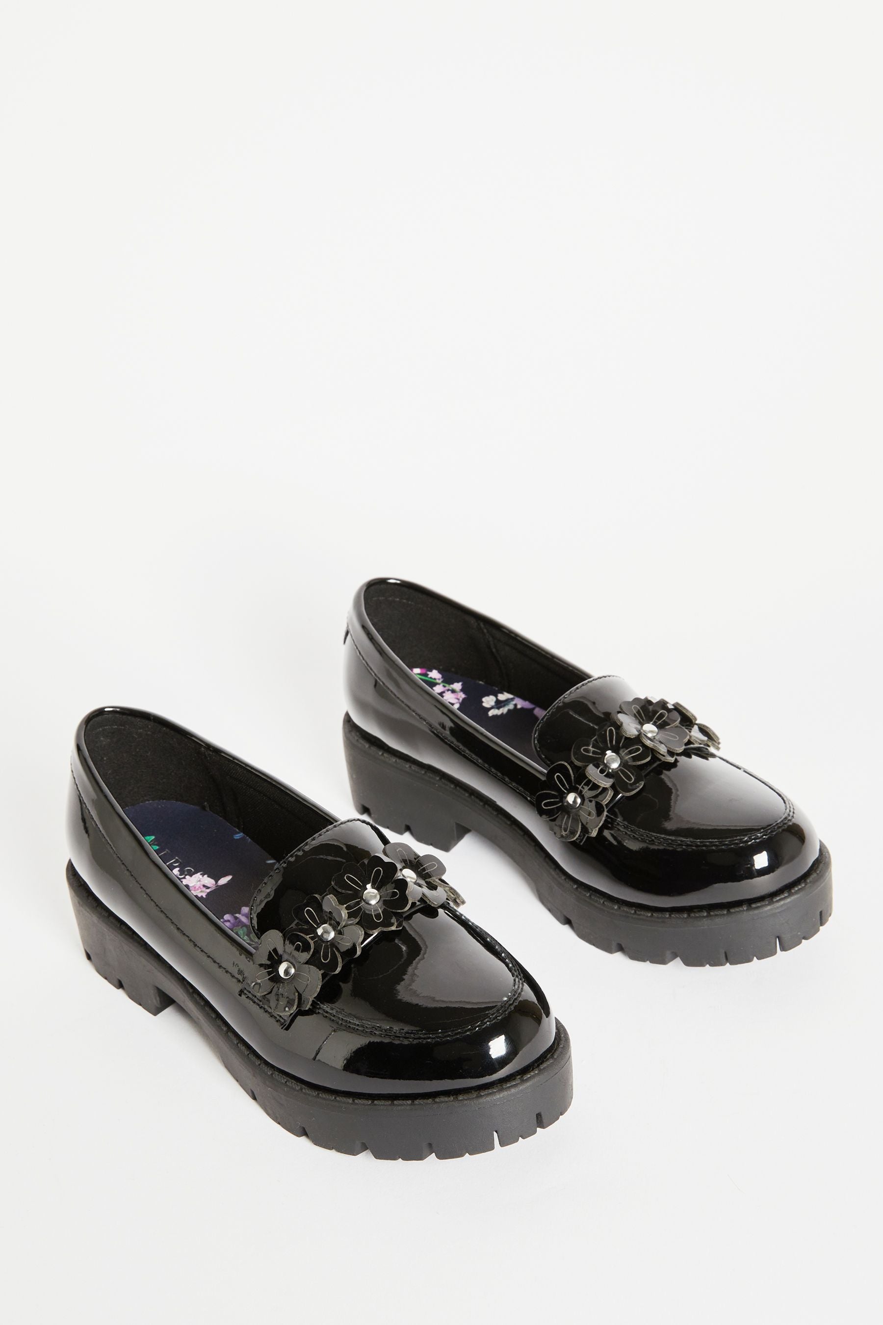 Black Lipsy Flower Slip On Loafer School Shoe