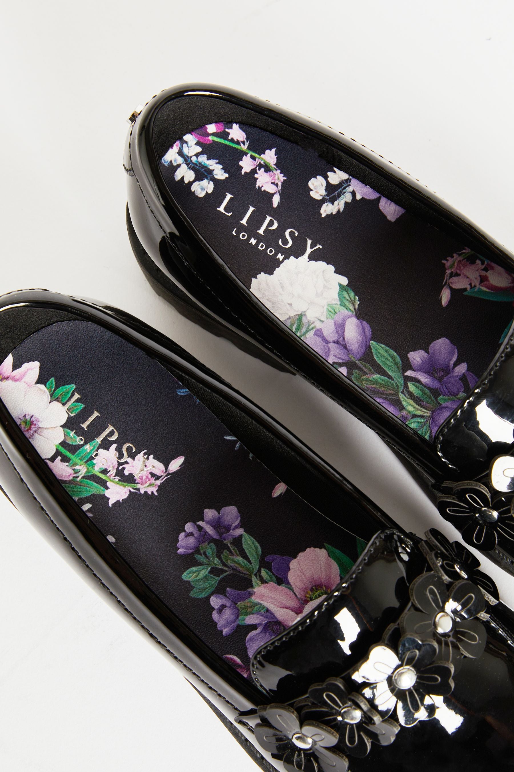 Black Lipsy Flower Slip On Loafer School Shoe