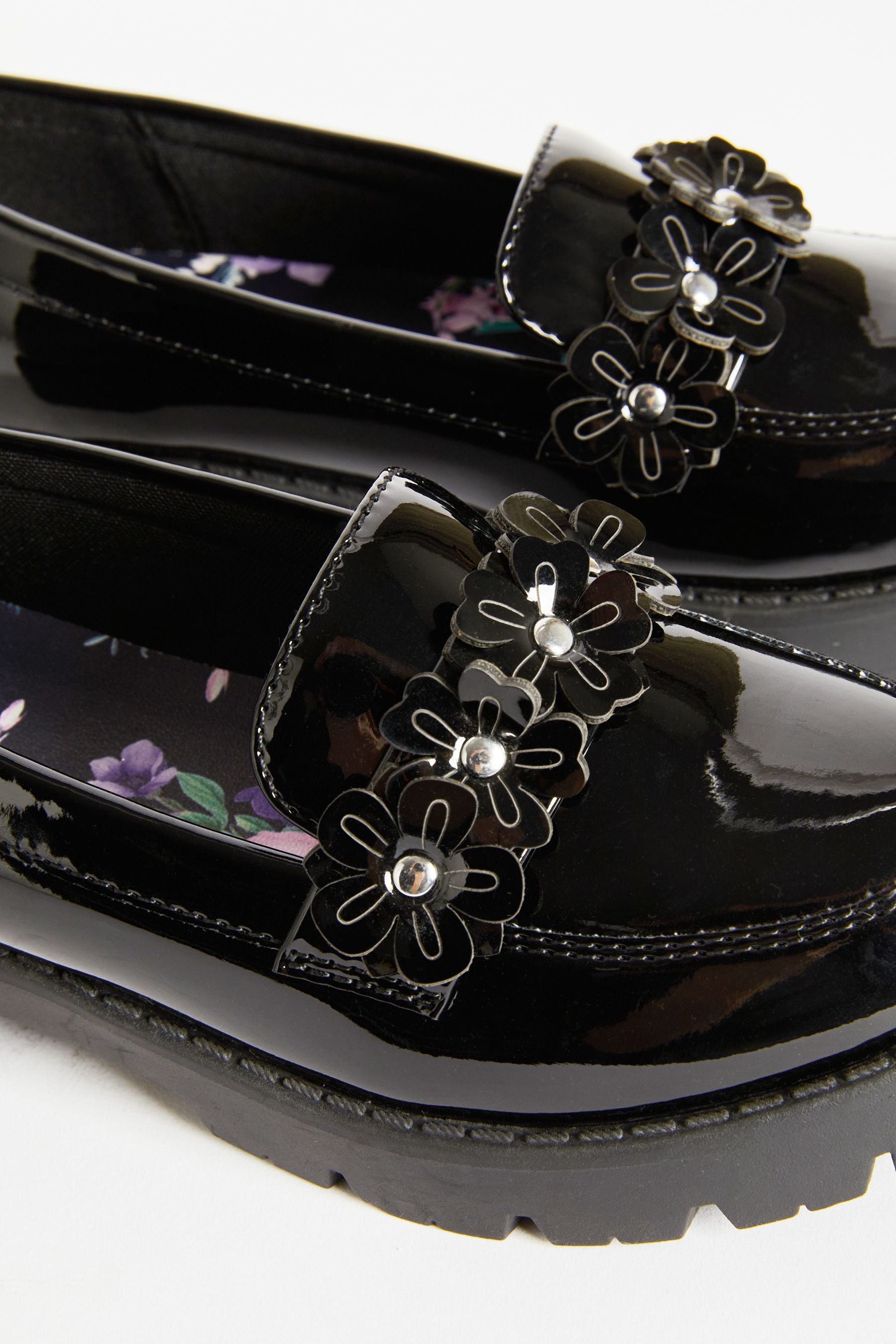 Black Lipsy Flower Slip On Loafer School Shoe