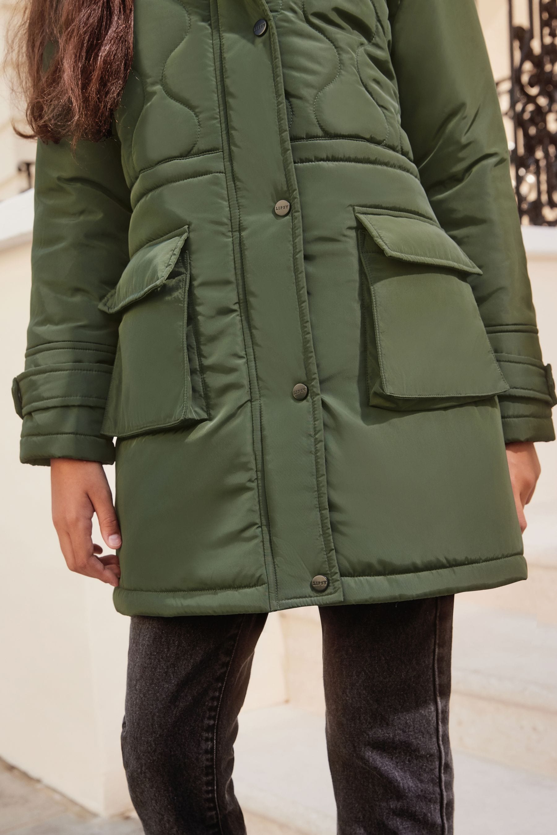 Khaki Green Shower Resistant Padded Parka School Coat