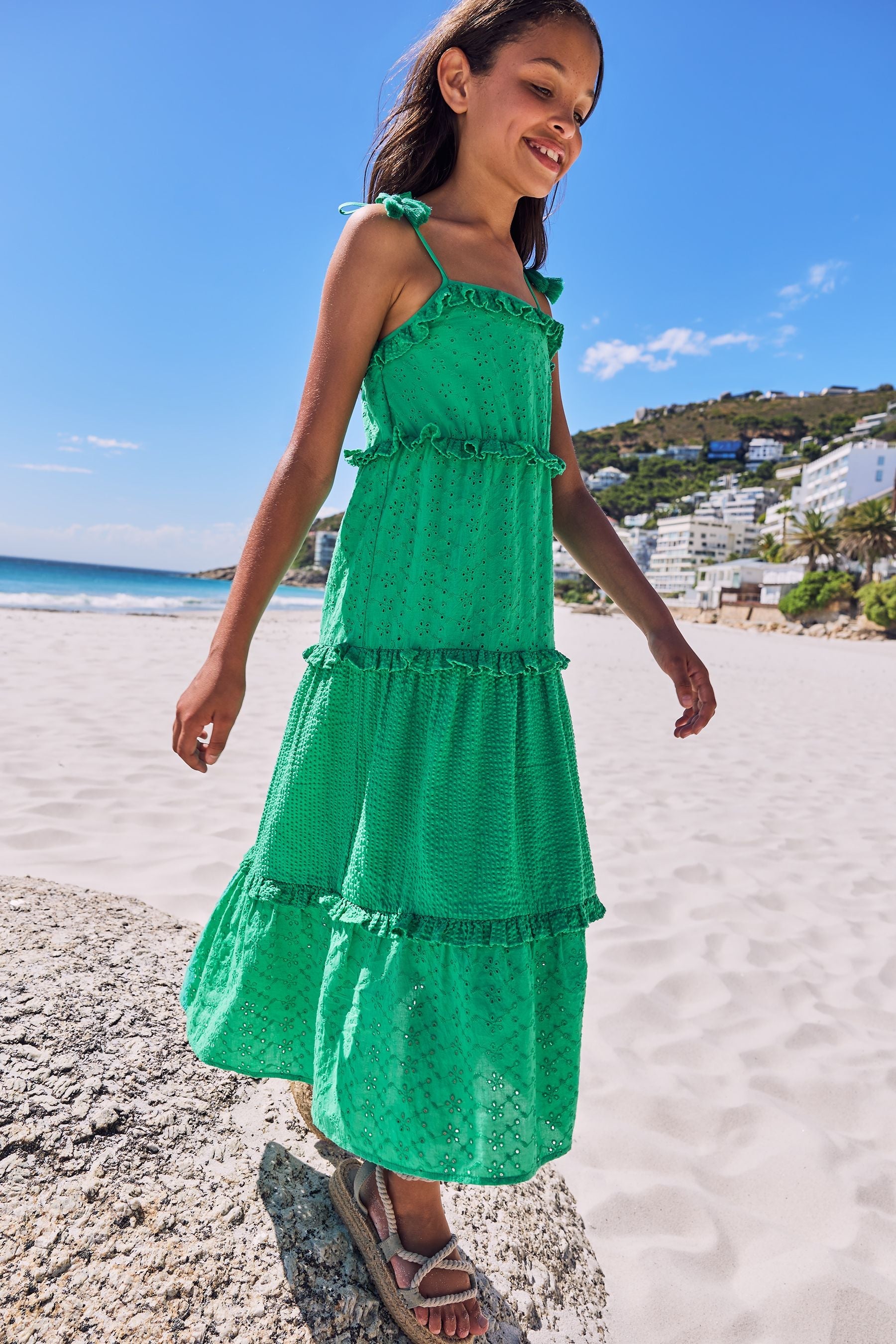 Green Broderie Tiered Broderie Maxi Dress