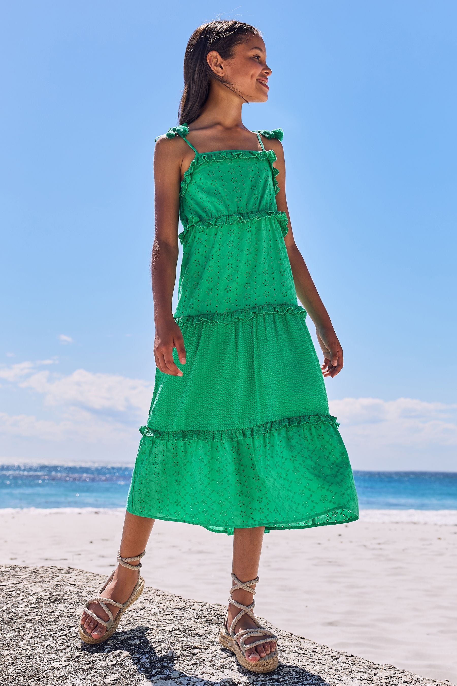 Green Broderie Tiered Broderie Maxi Dress