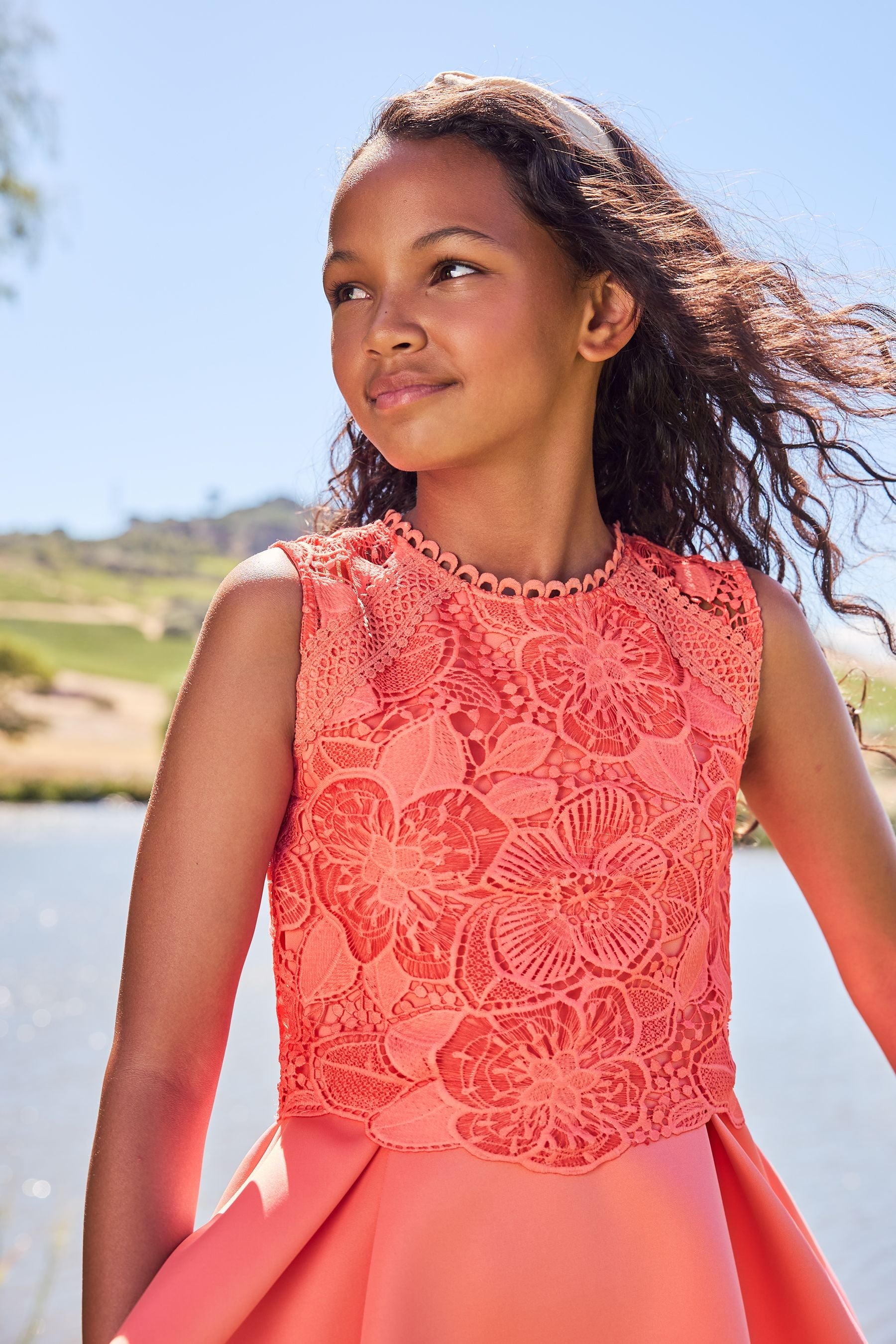 Coral Pink Lace Bodice Occasion Dress