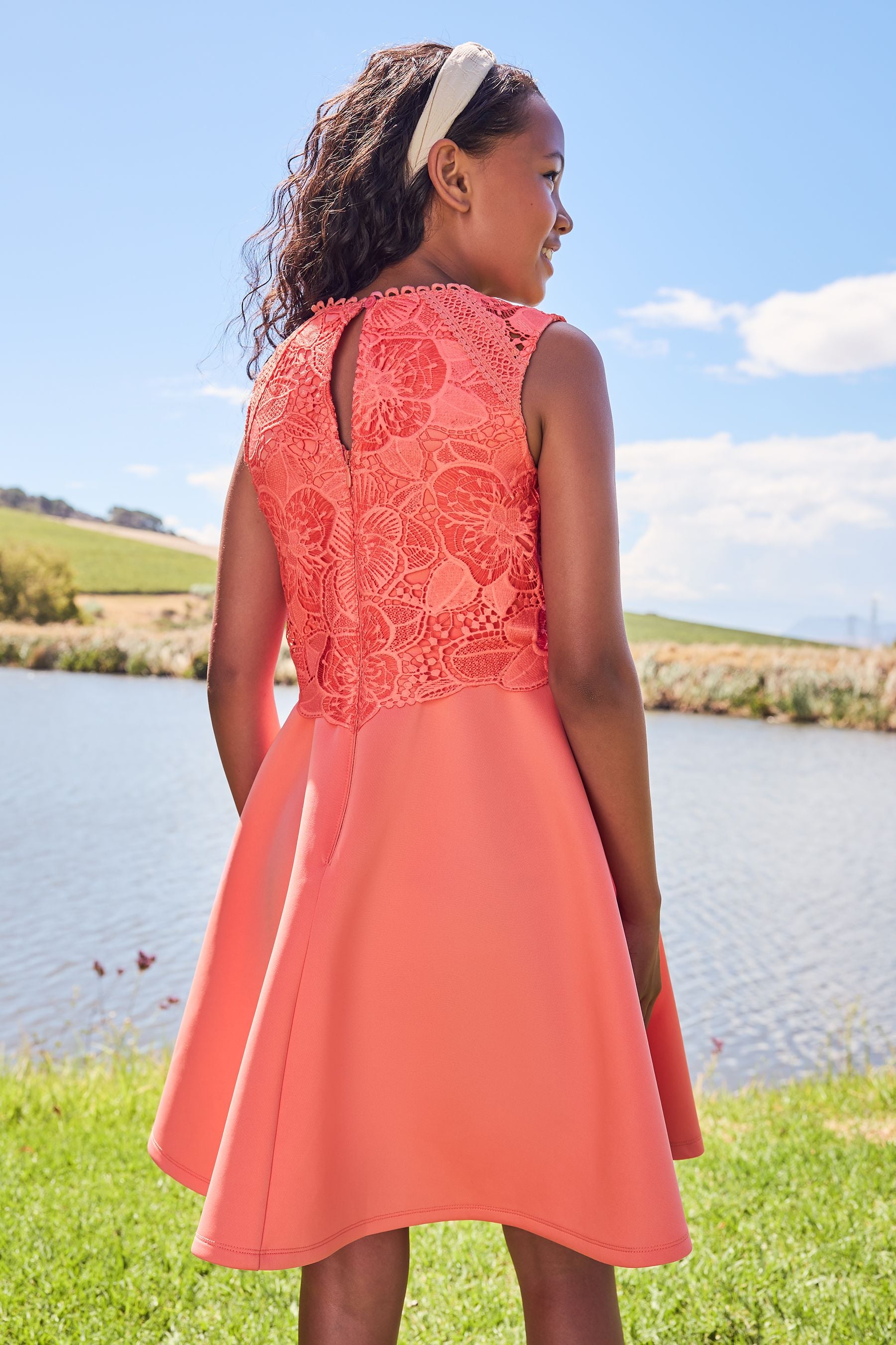 Coral Pink Lace Bodice Occasion Dress