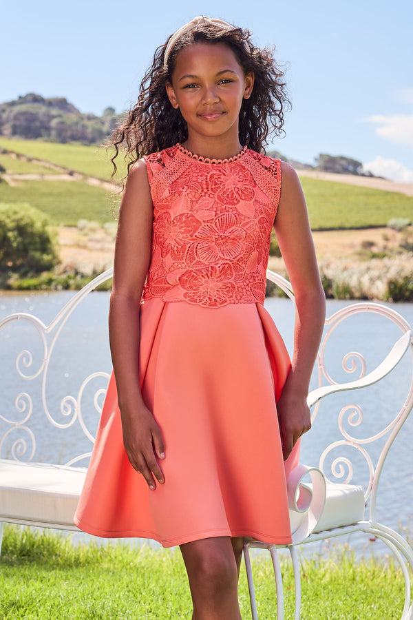 Coral Pink Lace Bodice Occasion Dress