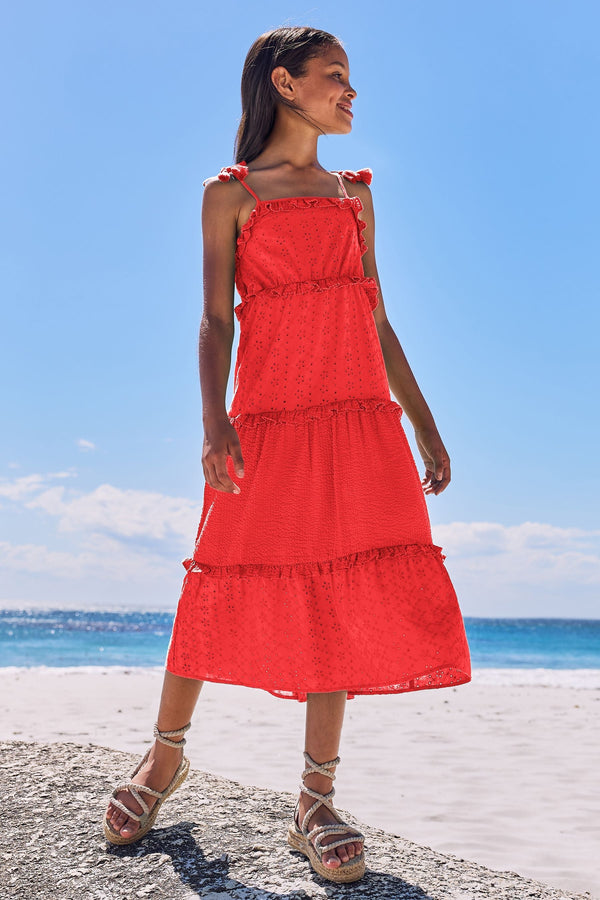 Red Broderie Tiered Broderie Maxi Dress