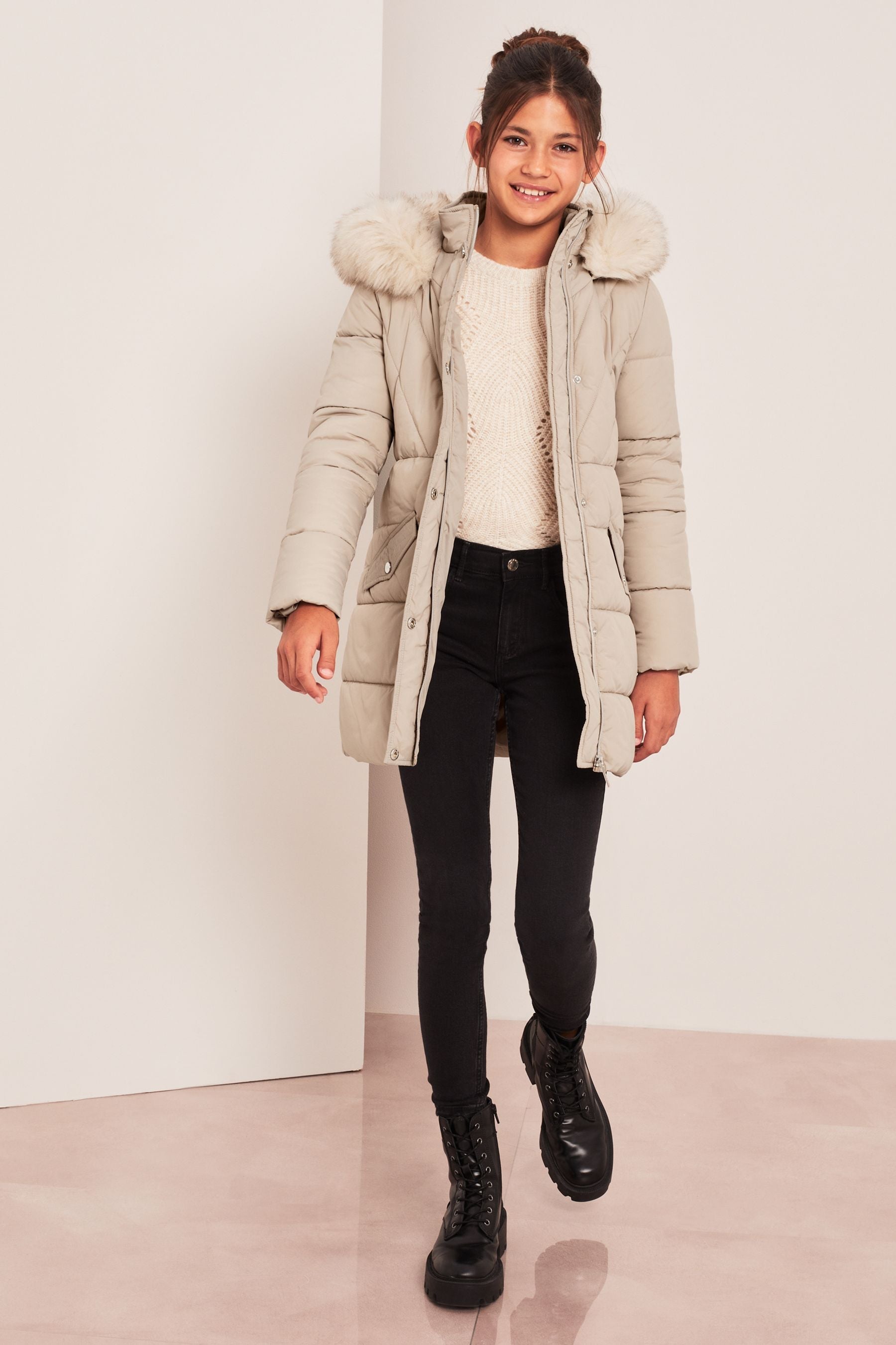 Stone Longline Belted Padded School Coat