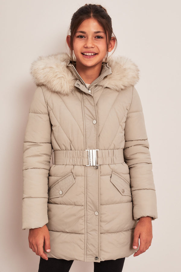 Stone Longline Belted Padded School Coat