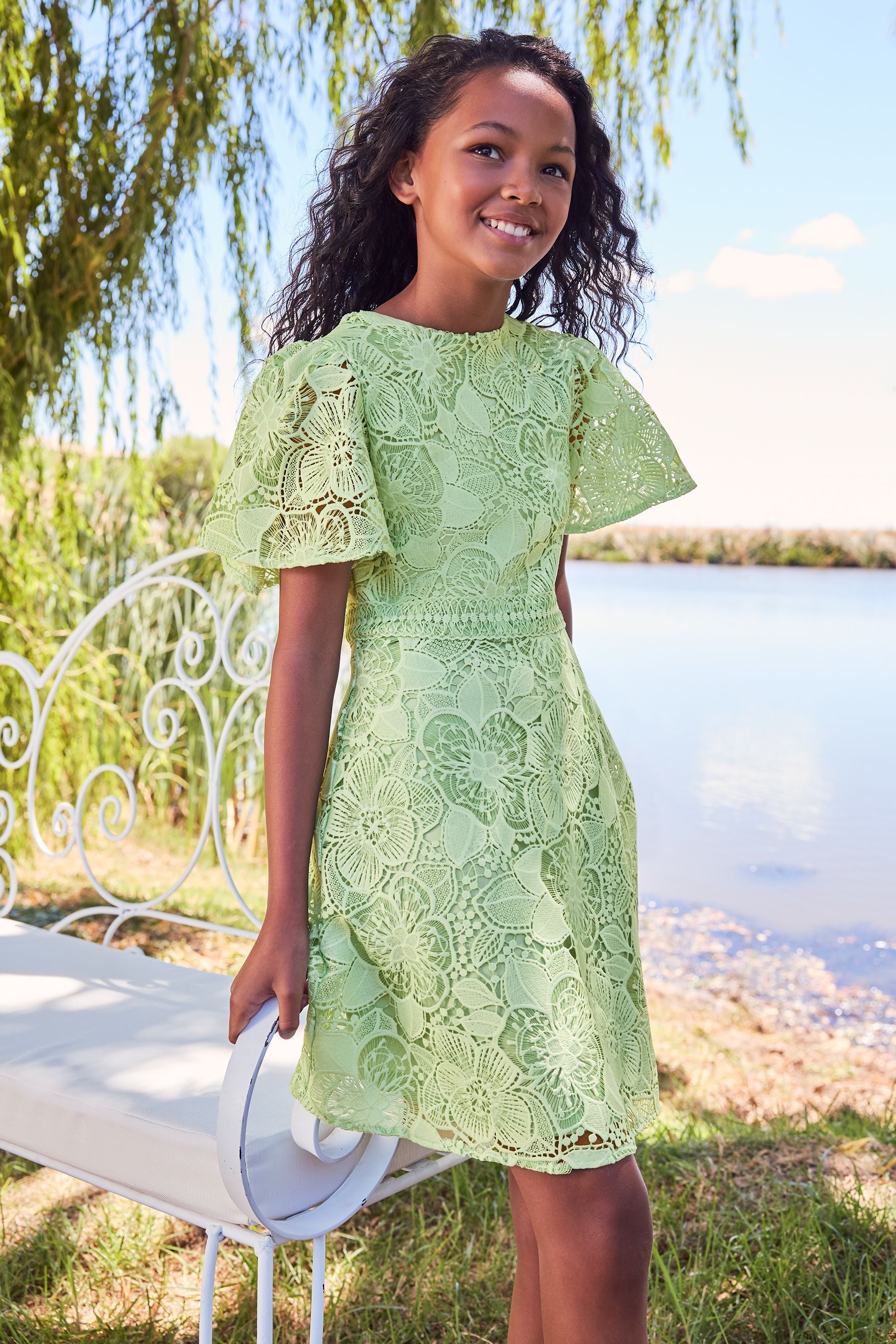 Green Flutter Sleeve Lace Occasion Dress