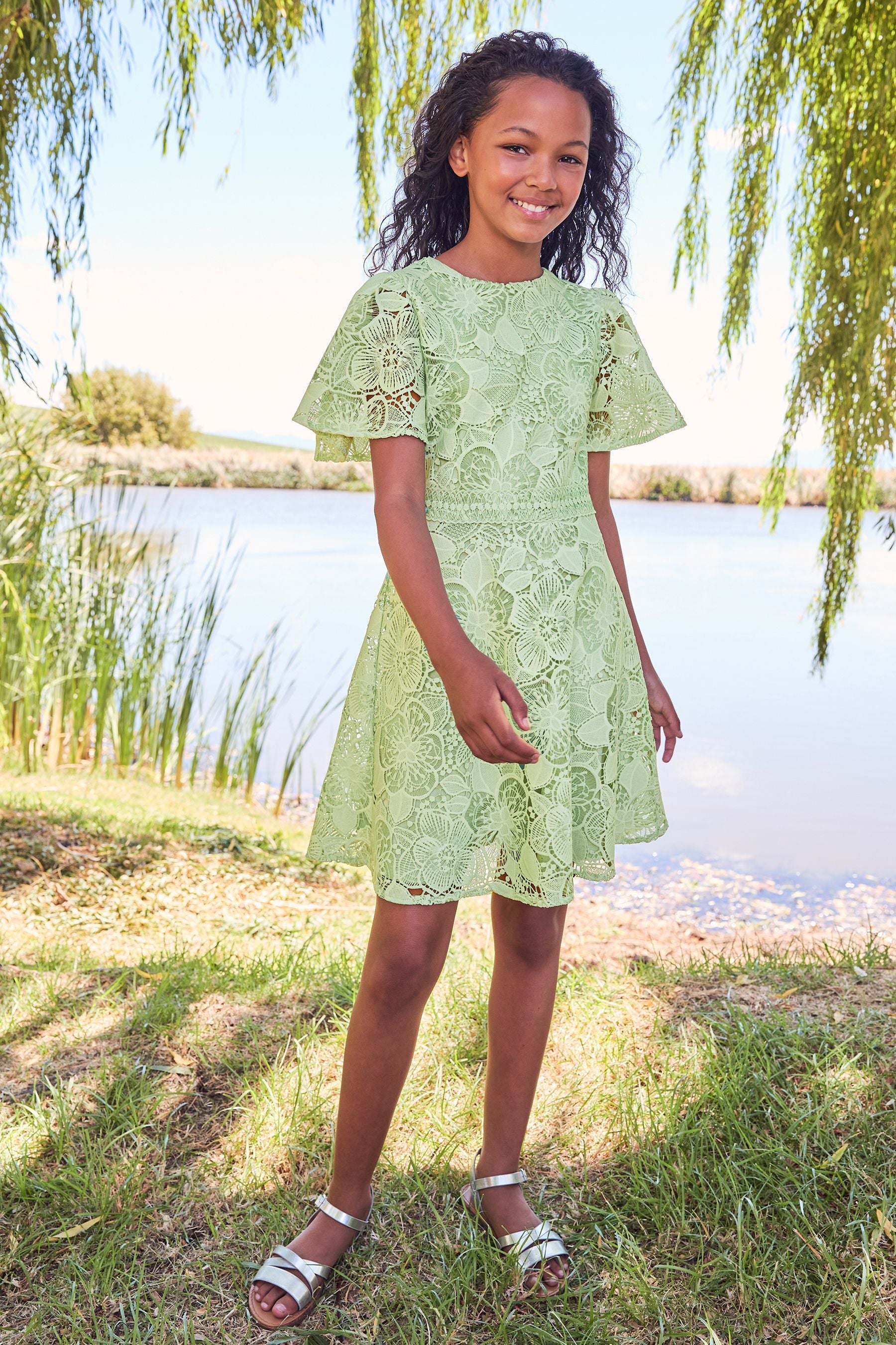 Green Flutter Sleeve Lace Occasion Dress